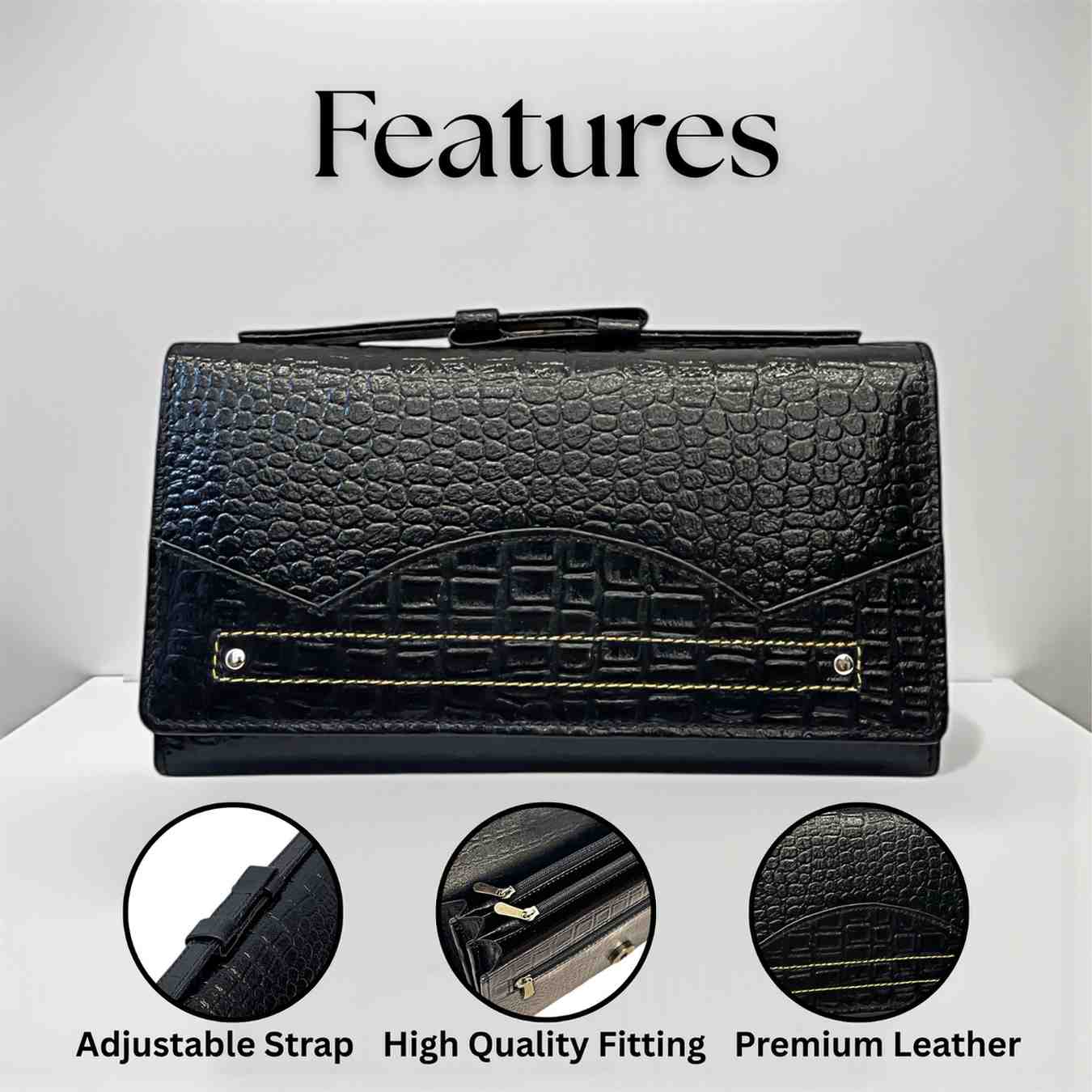 ALW Croco-Embossed Genuine Leather Clutch Wallet — Women's Long Purse with Adjustable Strap