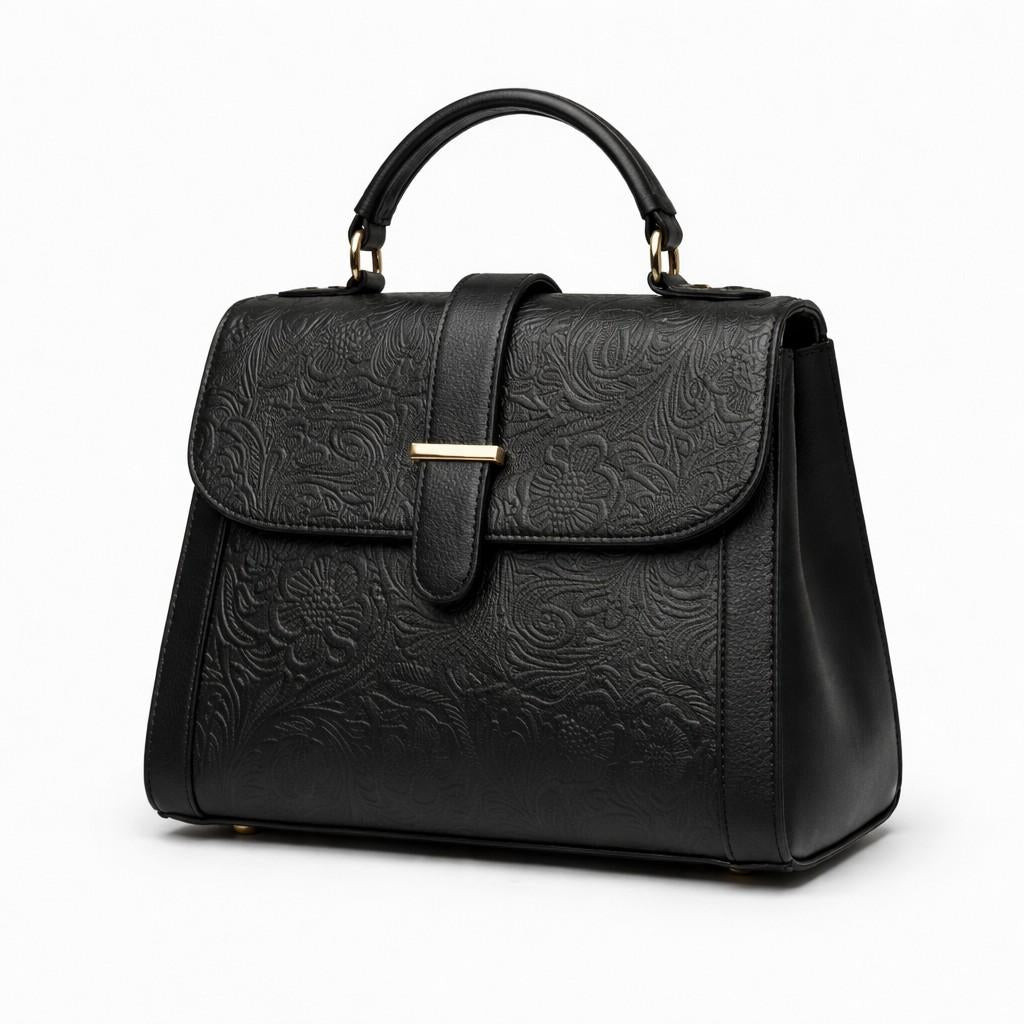 Leather Handbag With Flower Leather Print