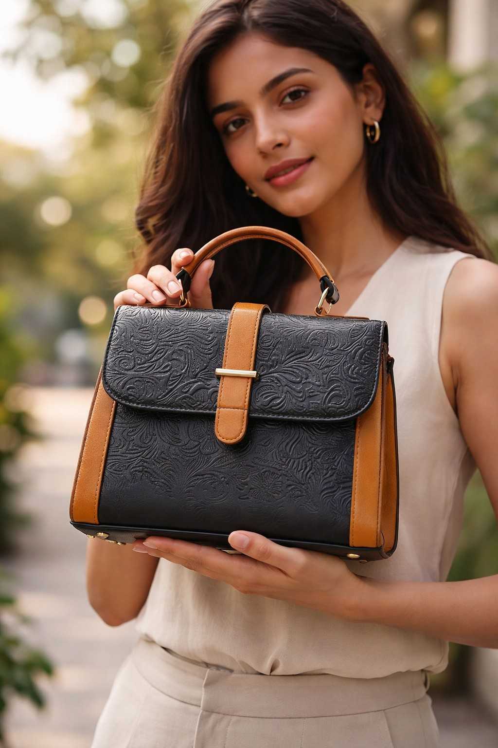 Leather Handbag With Flower Leather Print