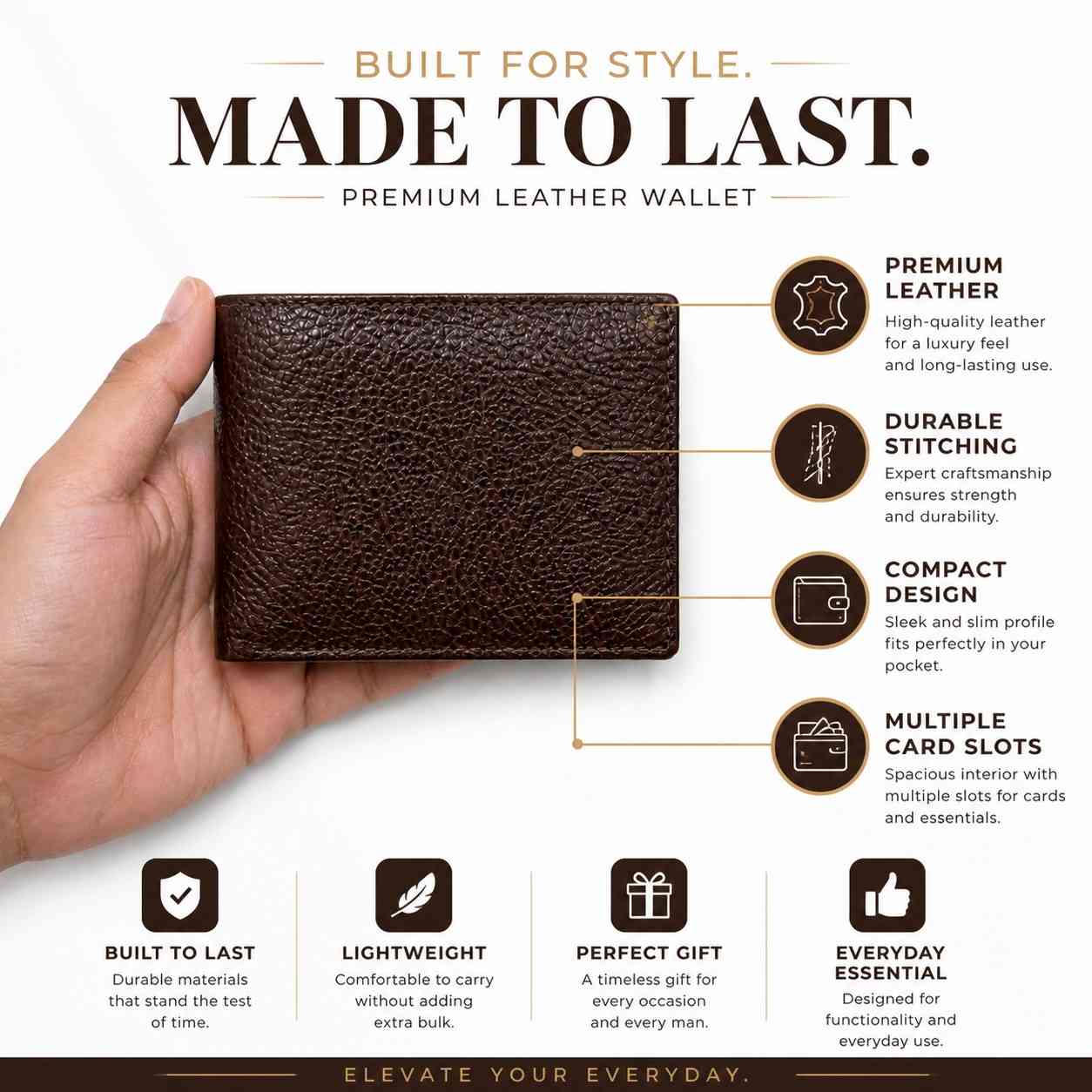 ALW Genuine Leather Wallet - Compact & Durable Bi-Fold Design