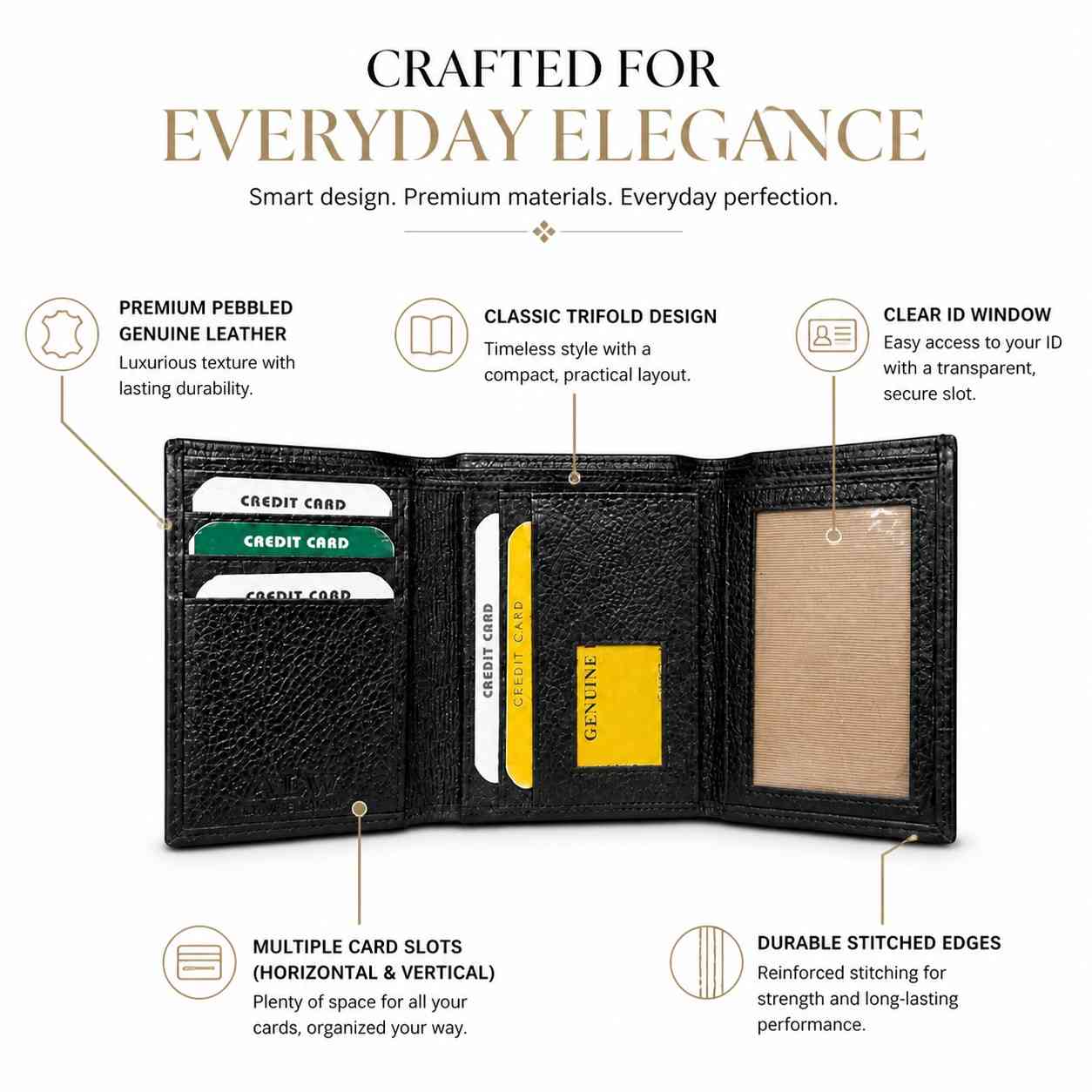ALW Genuine Leather Trifold Wallet | Men's Compact Bifold with Multiple Card Slots