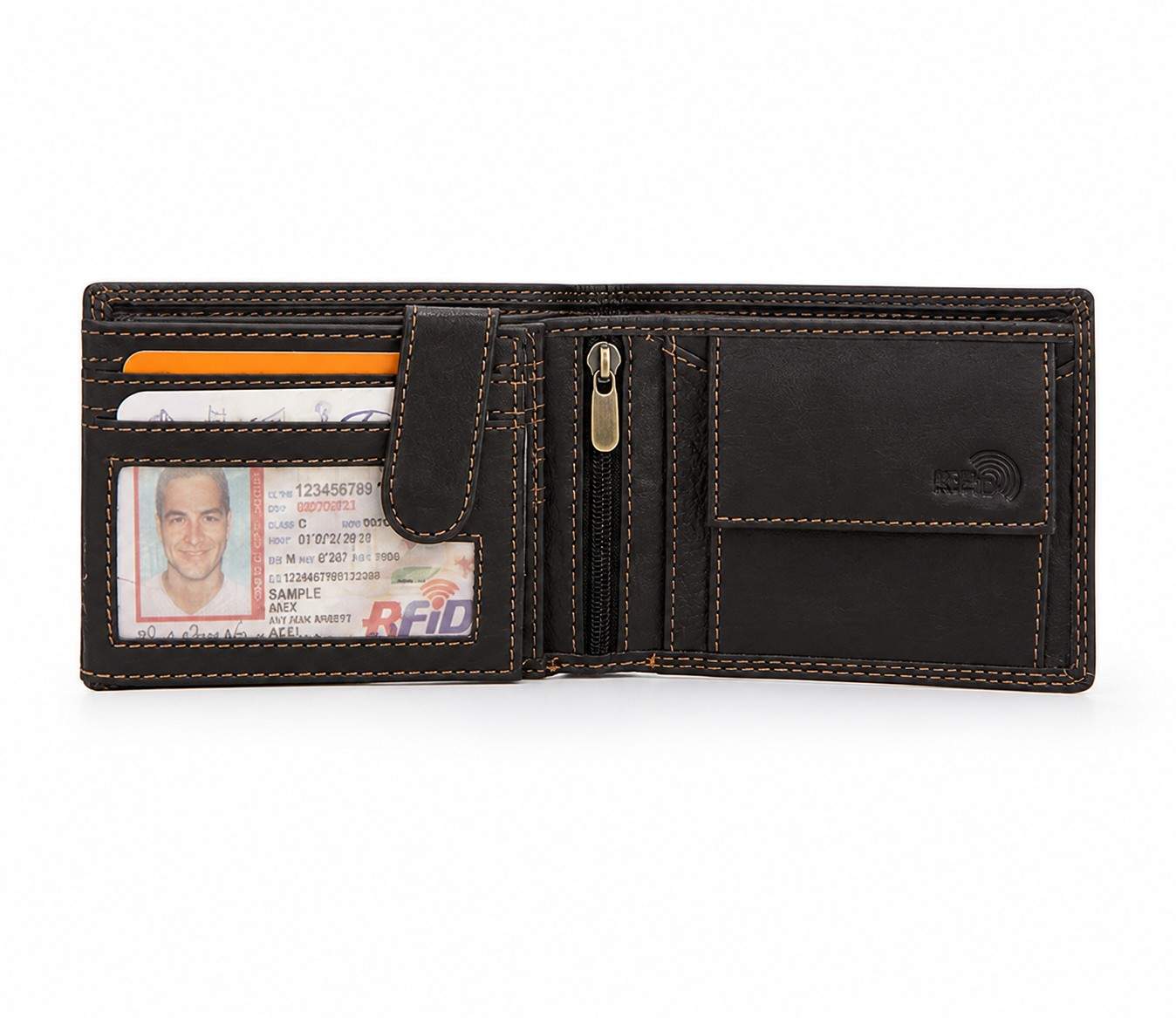 Premium Genuine Leather RFID-Protected Bifold Wallet with Double Stitching - Black with Wing Embossing
