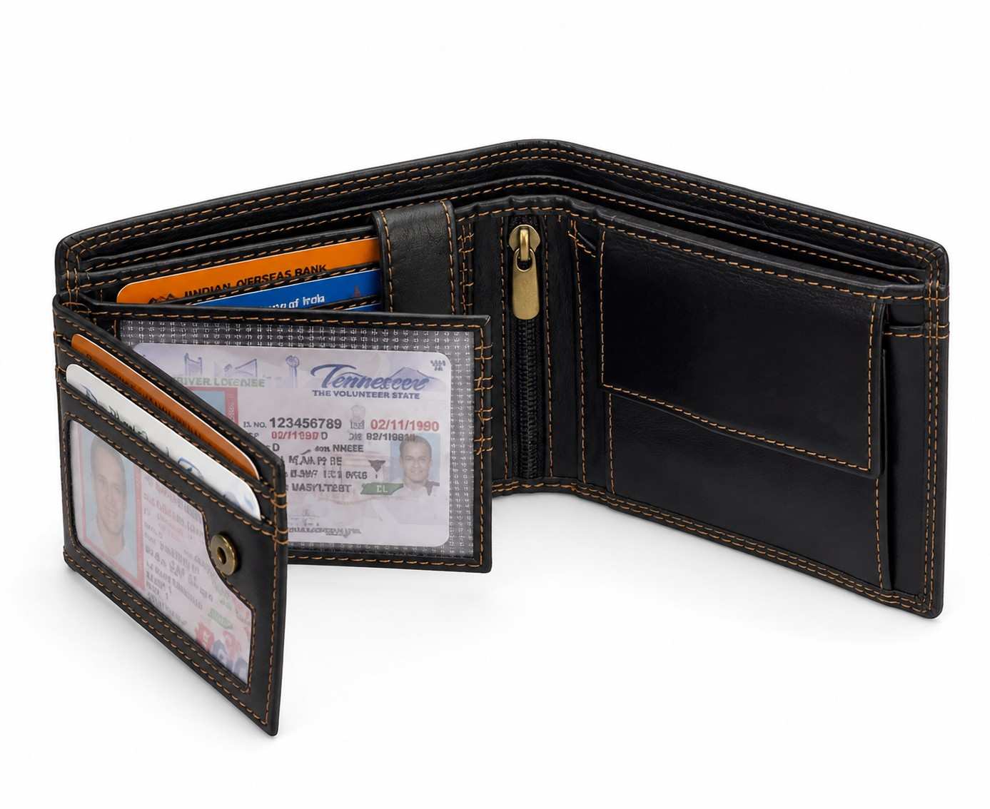 Premium Genuine Leather RFID-Protected Bifold Wallet with Double Stitching - Black with Wing Embossing