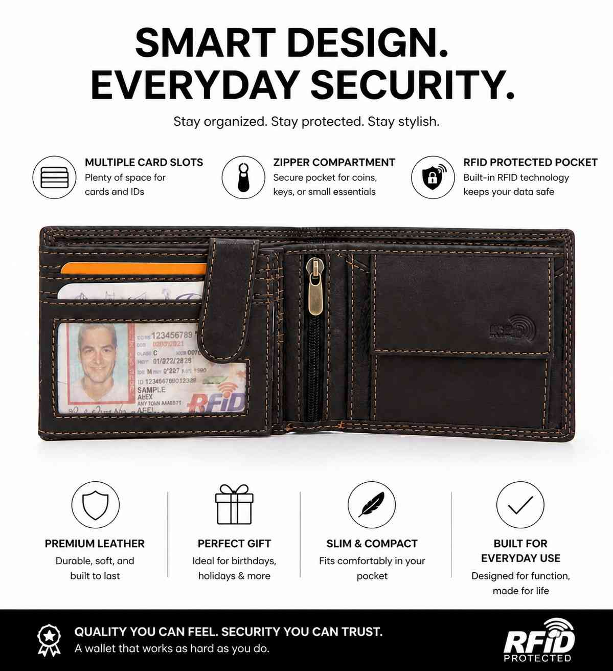 Premium Genuine Leather RFID-Protected Bifold Wallet with Double Stitching - Black with Wing Embossing