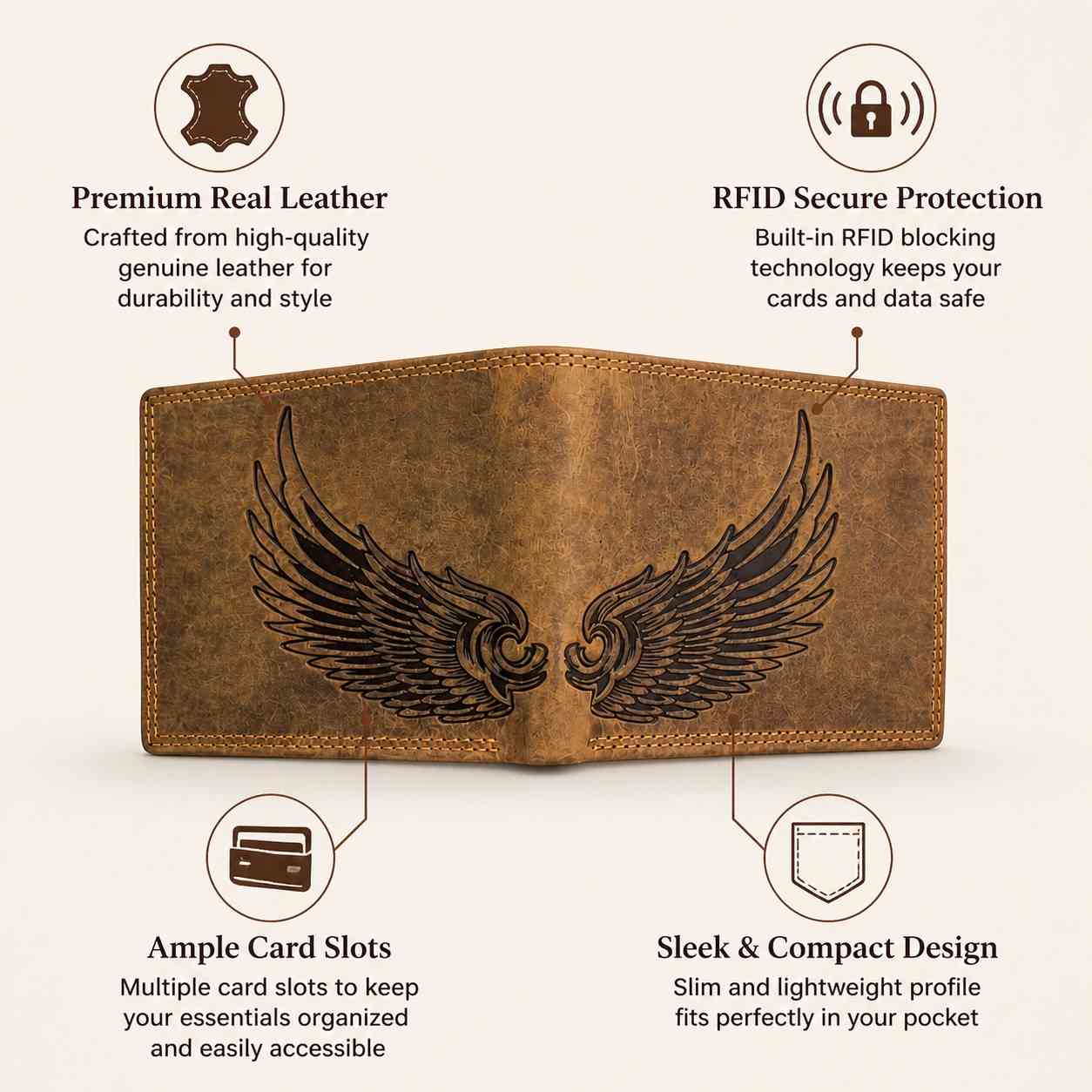 W.WILD Leather Wallet — Eagle Wings Engraved | RFID Safe | Limited Edition