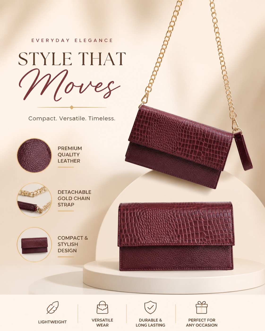 ALW Croc-Embossed Leather Clutch Bag — 3-in-1 Wristlet, Crossbody & Clutch with Gold Chain