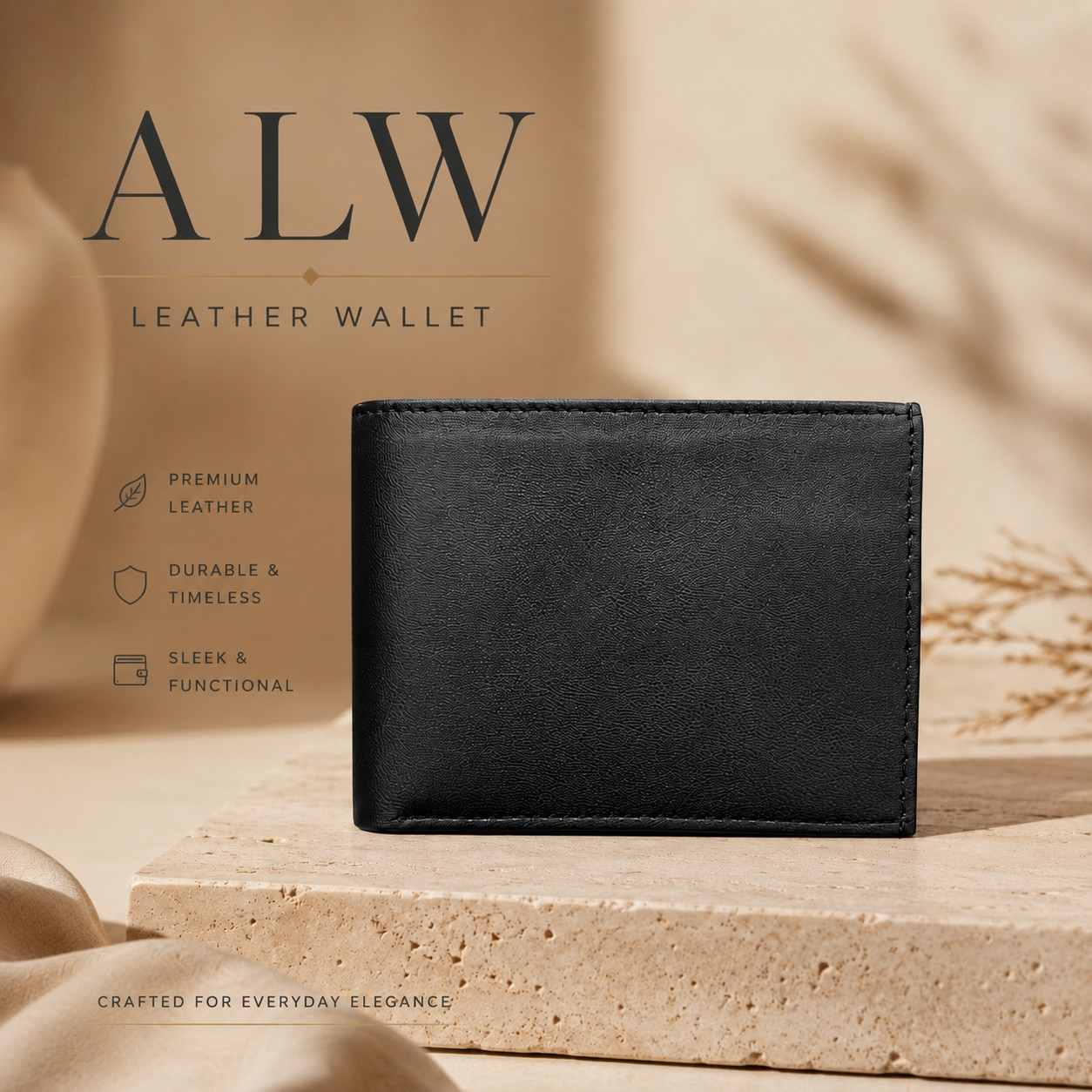 ALW Men’s Black Leather Wallet – Compact Bifold with Multiple Card Slots