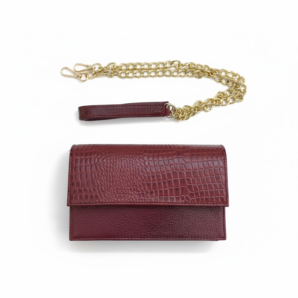 ALW Croc-Embossed Leather Clutch Bag — 3-in-1 Wristlet, Crossbody & Clutch with Gold Chain