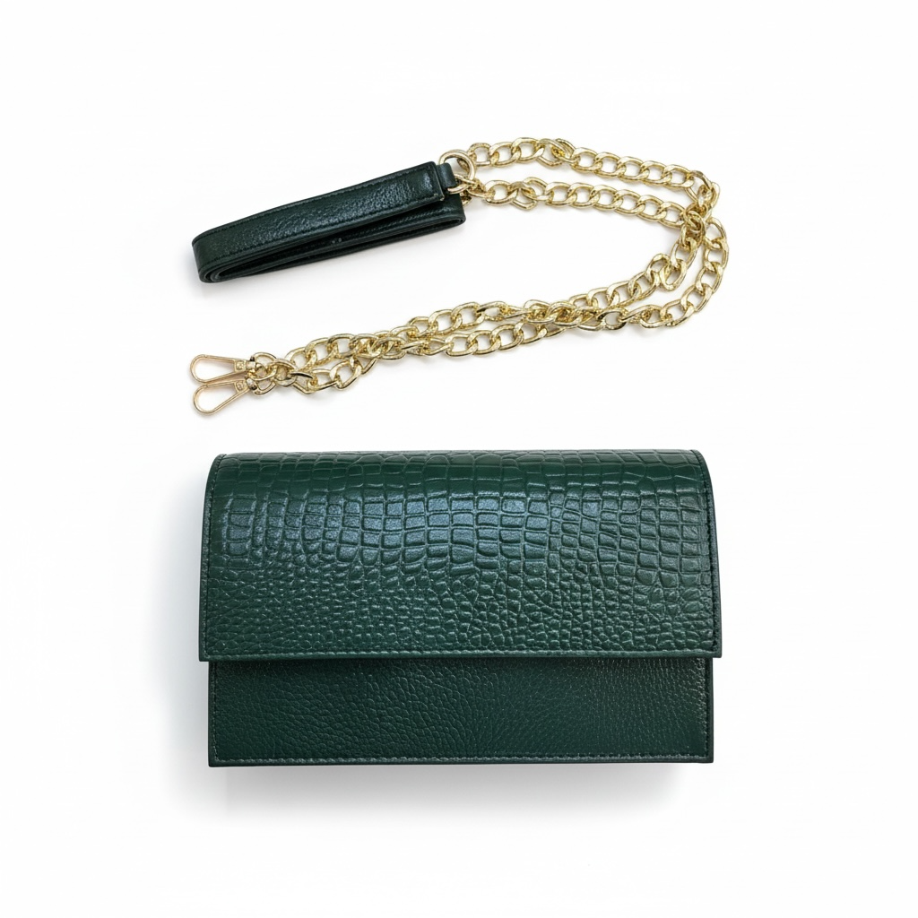 ALW Croc-Embossed Leather Clutch Bag — 3-in-1 Wristlet, Crossbody & Clutch with Gold Chain