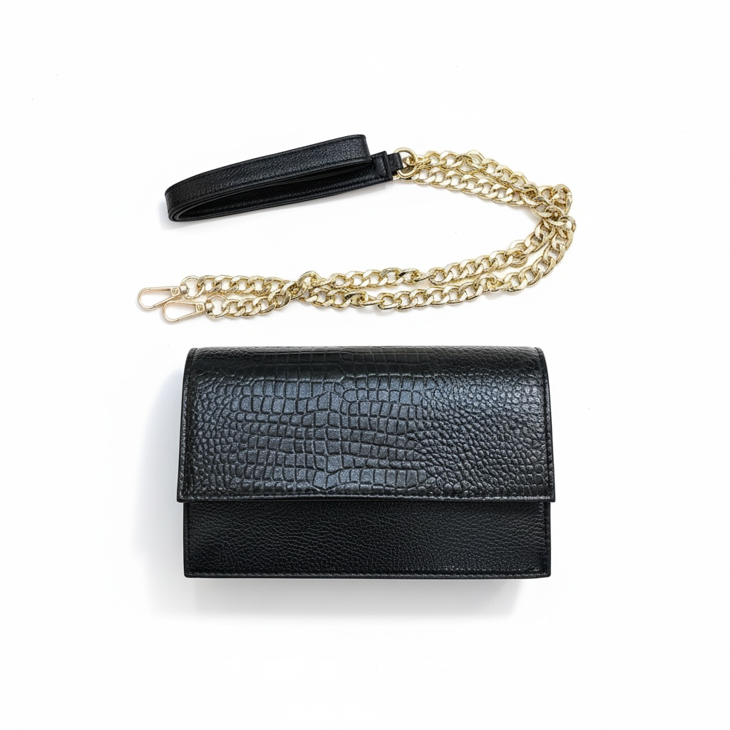 ALW Croc-Embossed Leather Clutch Bag — 3-in-1 Wristlet, Crossbody & Clutch with Gold Chain