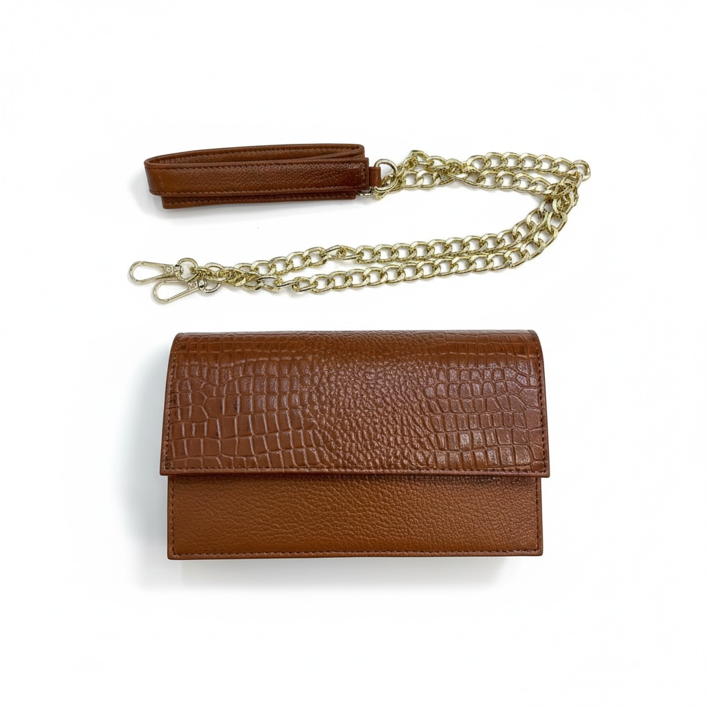 ALW Croc-Embossed Leather Clutch Bag — 3-in-1 Wristlet, Crossbody & Clutch with Gold Chain