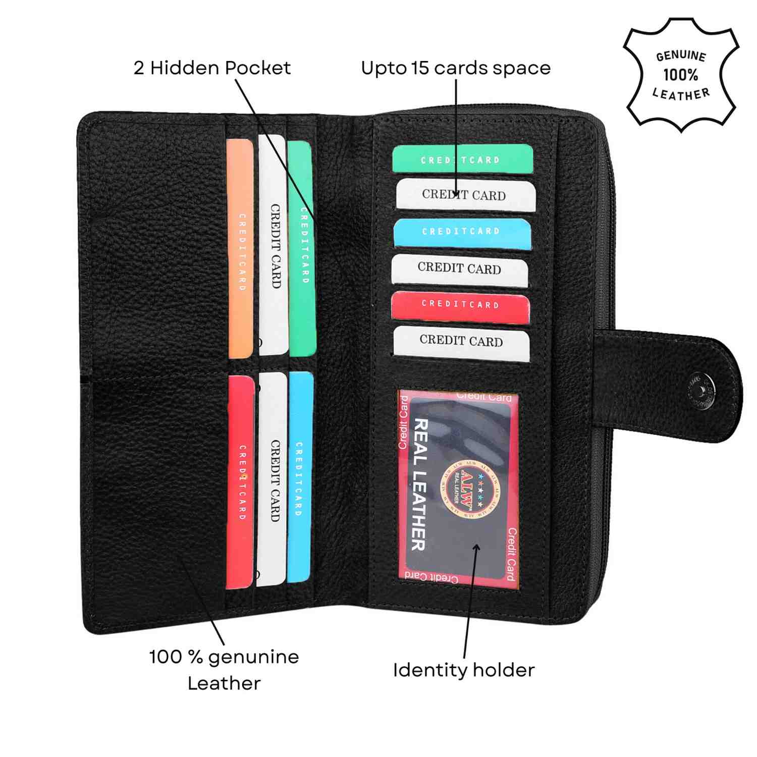 Ladis Leather Clutch, Long Wallet | Card Organiser