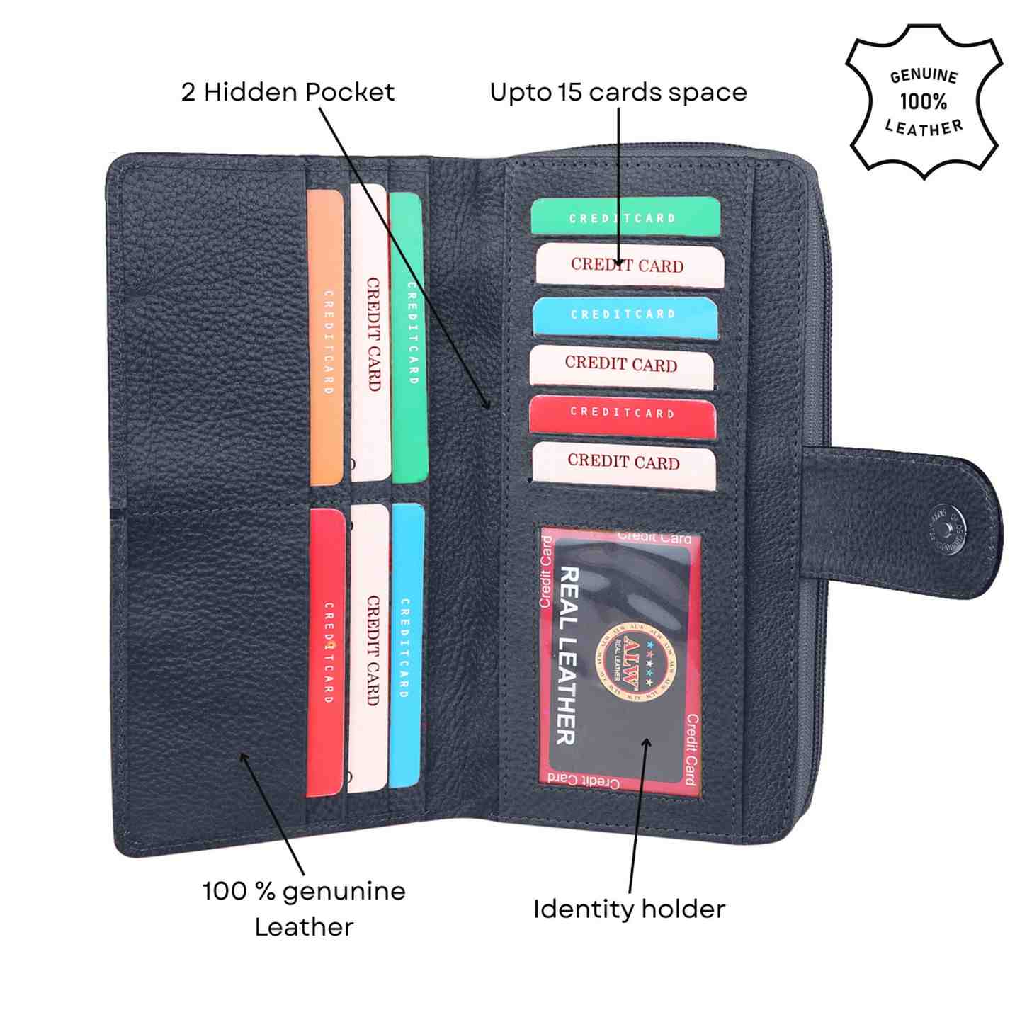 Ladis Leather Clutch, Long Wallet | Card Organiser