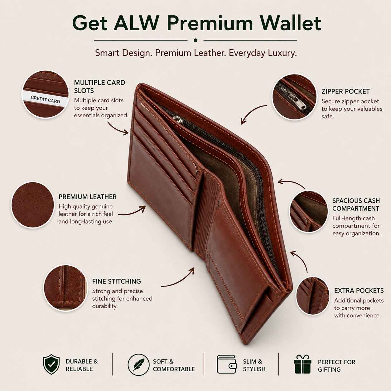 ALW Premium Genuine Leather Wallet for Men – Slim Bifold with Card Slots, Coin & Zipper Pocket