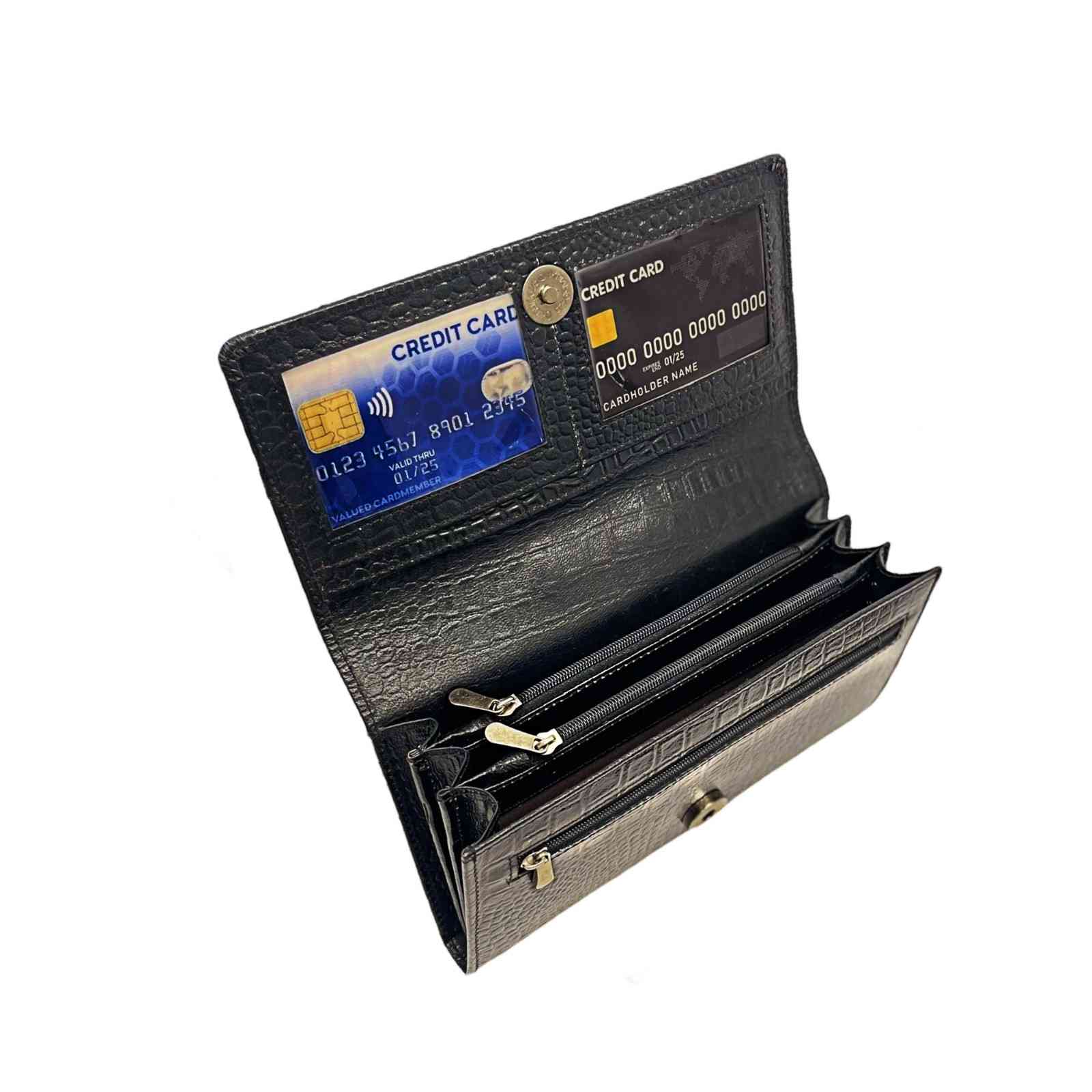 ALW Croco-Embossed Genuine Leather Clutch Wallet — Women's Long Purse with Adjustable Strap