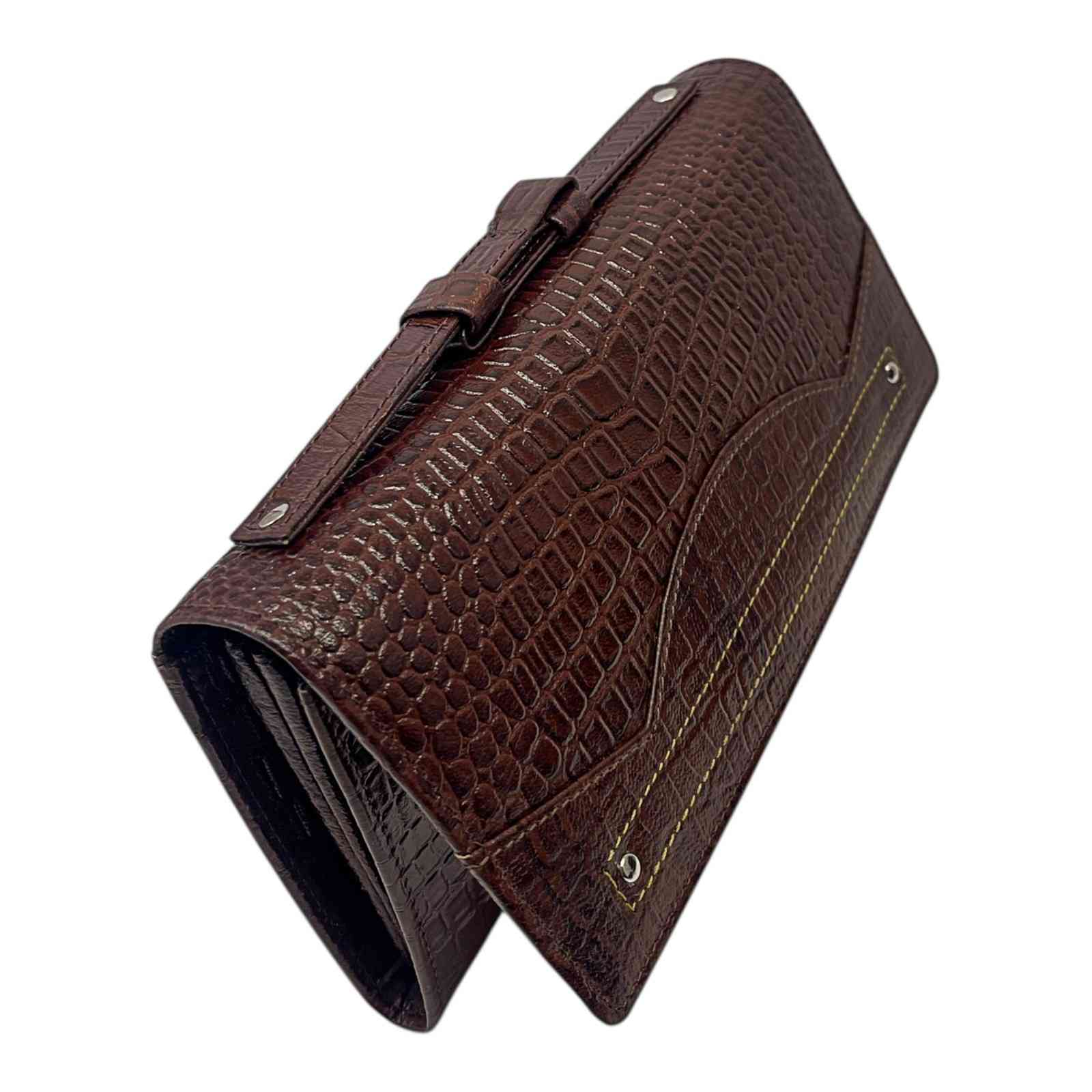 ALW Croco-Embossed Genuine Leather Clutch Wallet — Women's Long Purse with Adjustable Strap