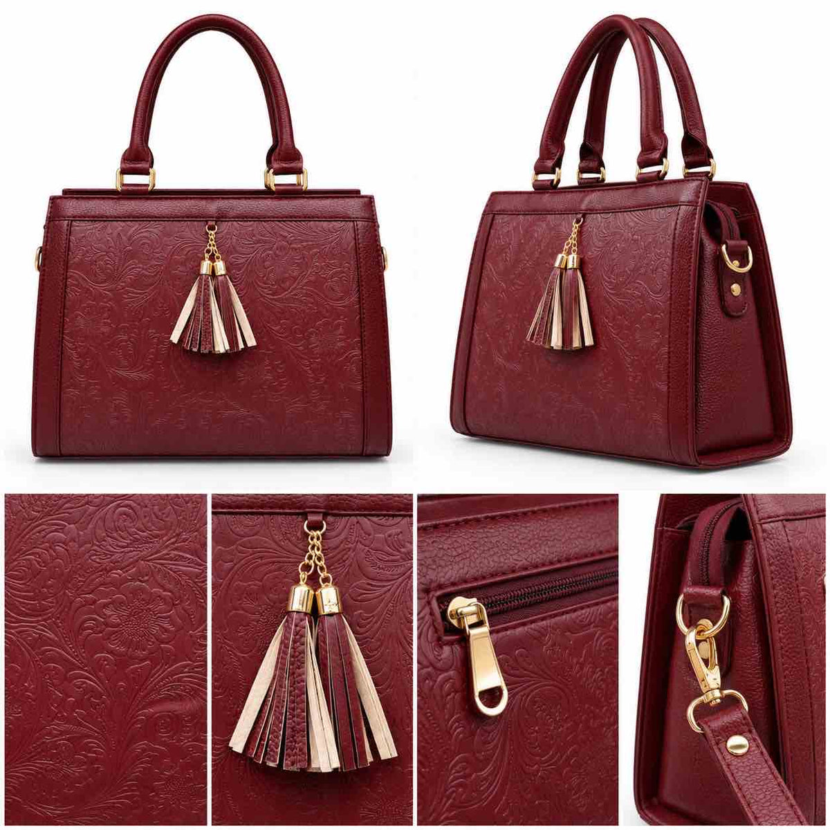 Luxury Textured Leather Handbag with Tassel & Gold Hardware