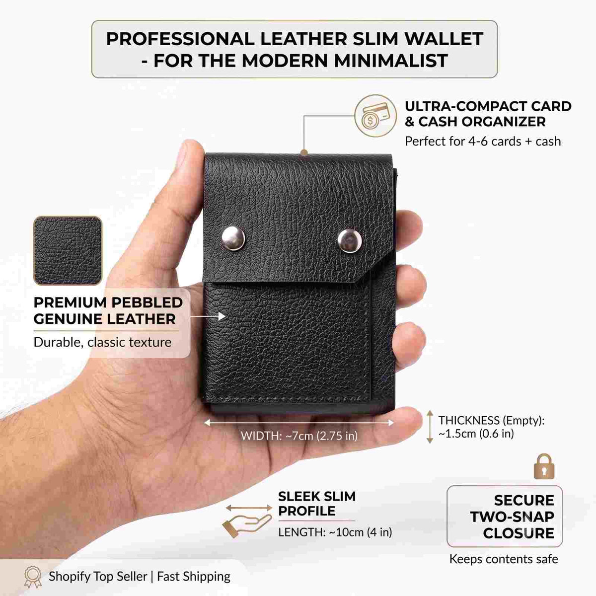 ALW Slim Pebbled Leather Cardholder Wallet | Dual-Snap Minimalist Design