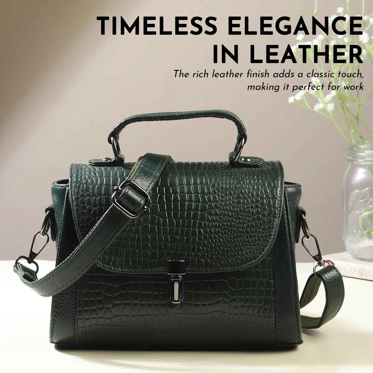 ALW Leather Croco Texture Handbag for Women | Premium Leather Top Handle Sling Bag