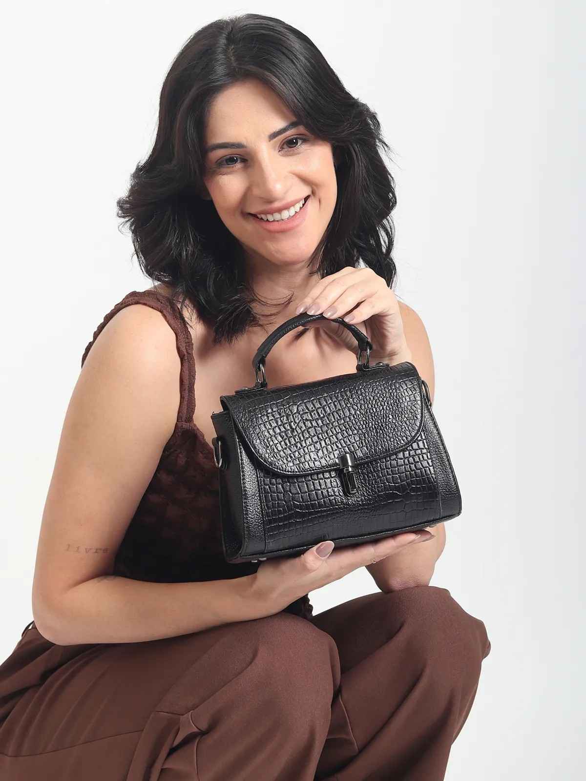 ALW Leather Croco Texture Handbag for Women | Premium Leather Top Handle Sling Bag
