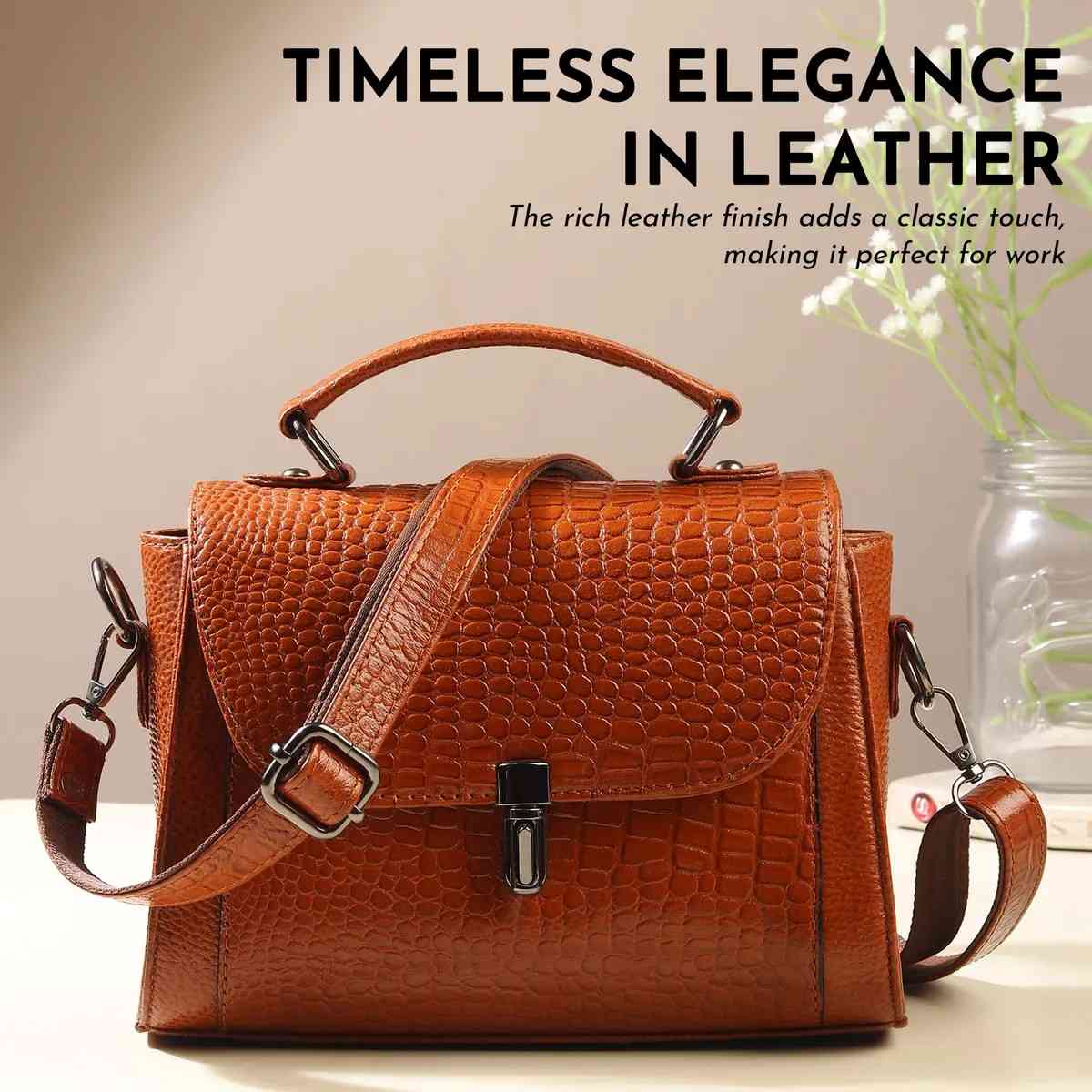 ALW Leather Croco Texture Handbag for Women | Premium Leather Top Handle Sling Bag