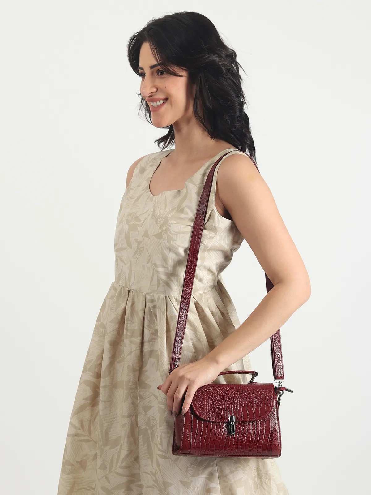 ALW Leather Croco Texture Handbag for Women | Premium Leather Top Handle Sling Bag
