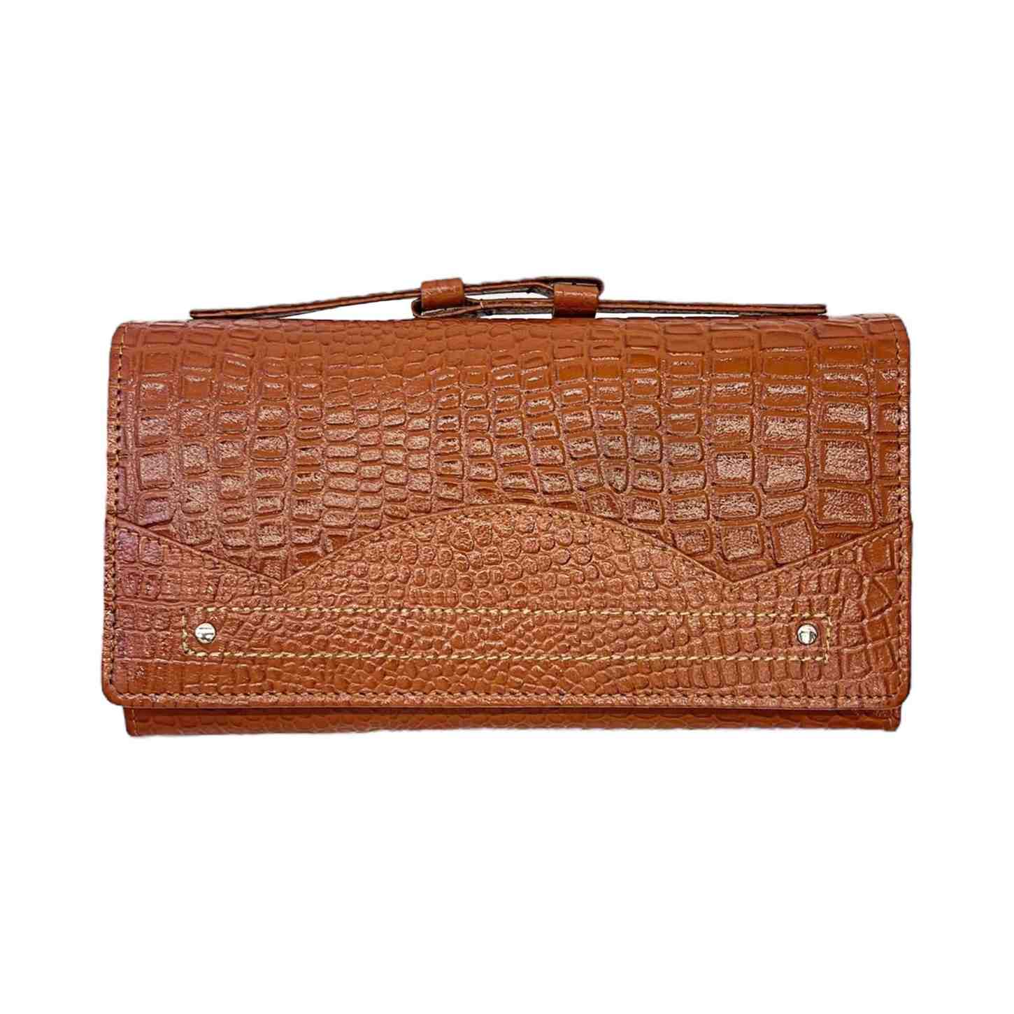 ALW Croco-Embossed Genuine Leather Clutch Wallet — Women's Long Purse with Adjustable Strap