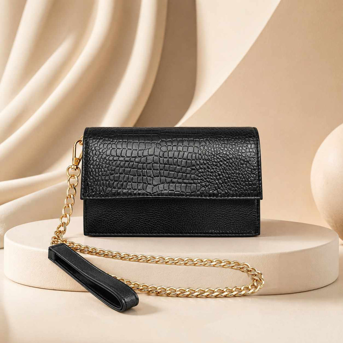 ALW Croc-Embossed Leather Clutch Bag — 3-in-1 Wristlet, Crossbody & Clutch with Gold Chain