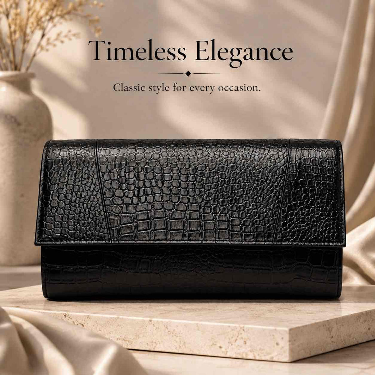ALW Croco Textured Leather Clutch with Removable Strap
