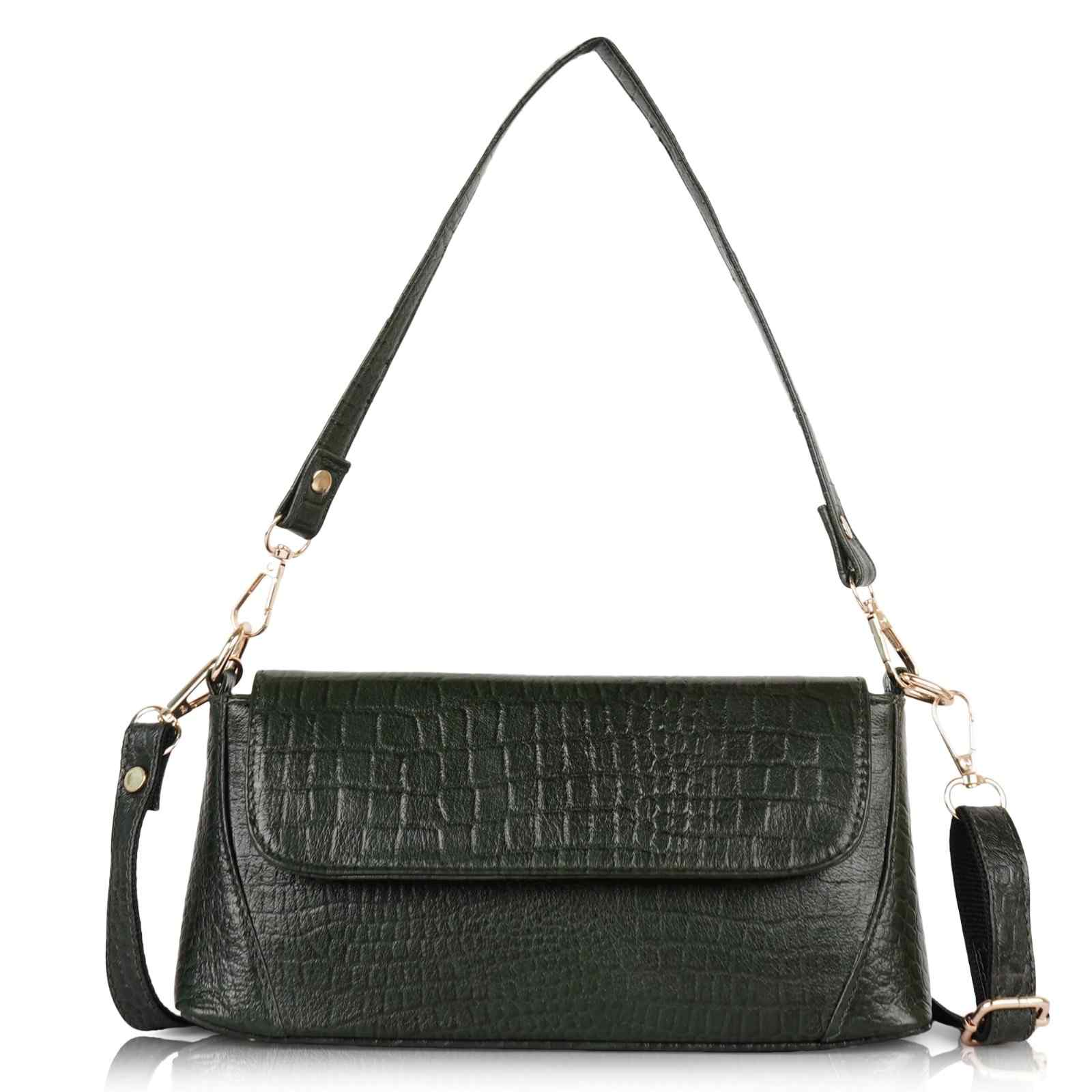 Croc-Embossed Flapover Shoulder Bag — Women's Mini Crossbody with Detachable Strap & Back Zip Pocket