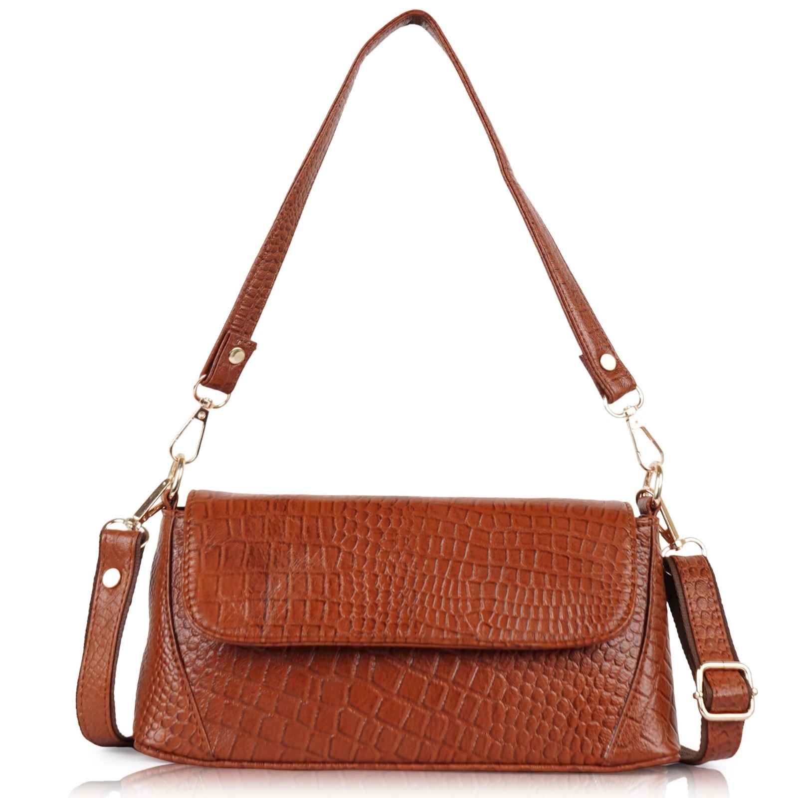 Croc-Embossed Flapover Shoulder Bag — Women's Mini Crossbody with Detachable Strap & Back Zip Pocket