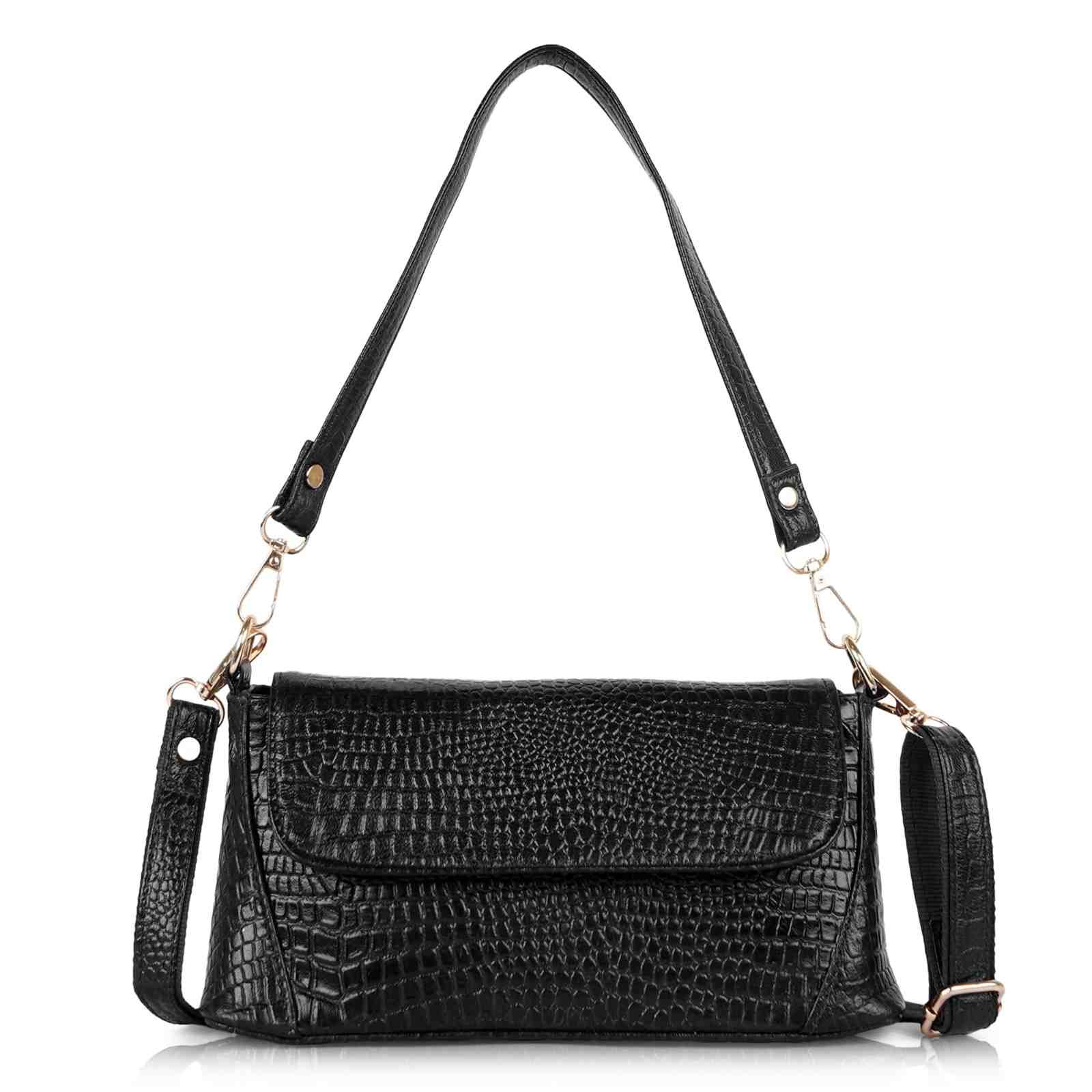 Croc-Embossed Flapover Shoulder Bag — Women's Mini Crossbody with Detachable Strap & Back Zip Pocket