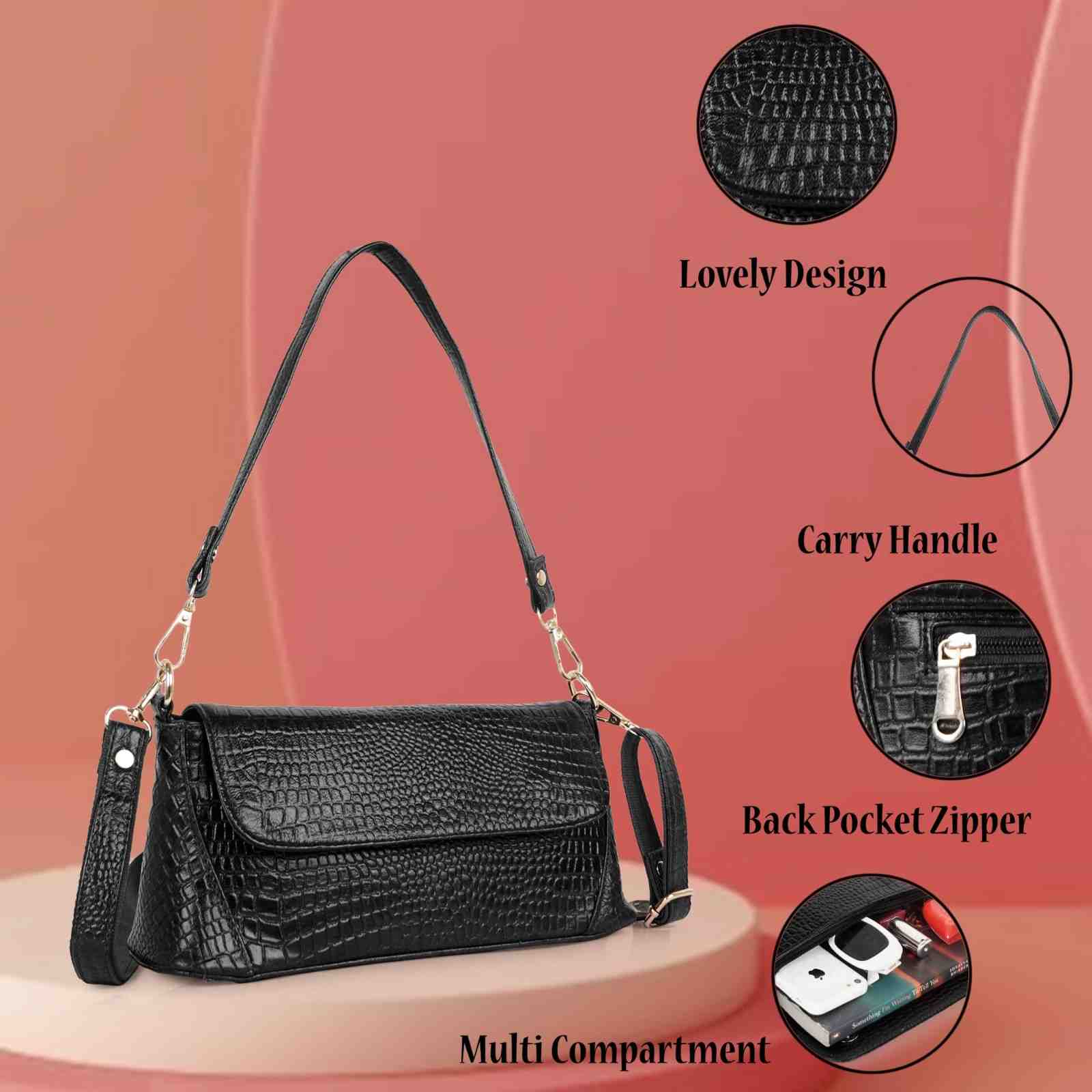Croc-Embossed Flapover Shoulder Bag — Women's Mini Crossbody with Detachable Strap & Back Zip Pocket