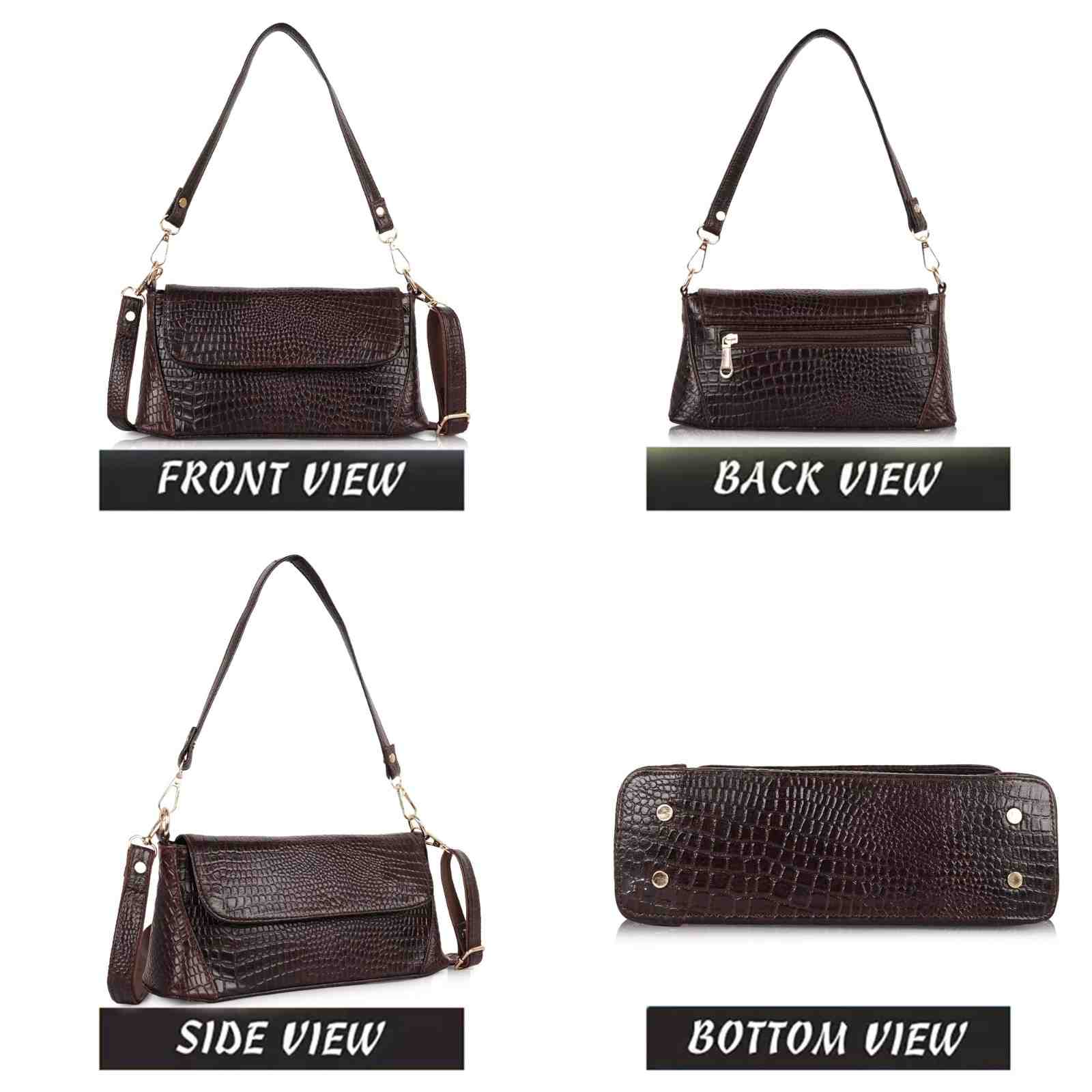 Croc-Embossed Flapover Shoulder Bag — Women's Mini Crossbody with Detachable Strap & Back Zip Pocket