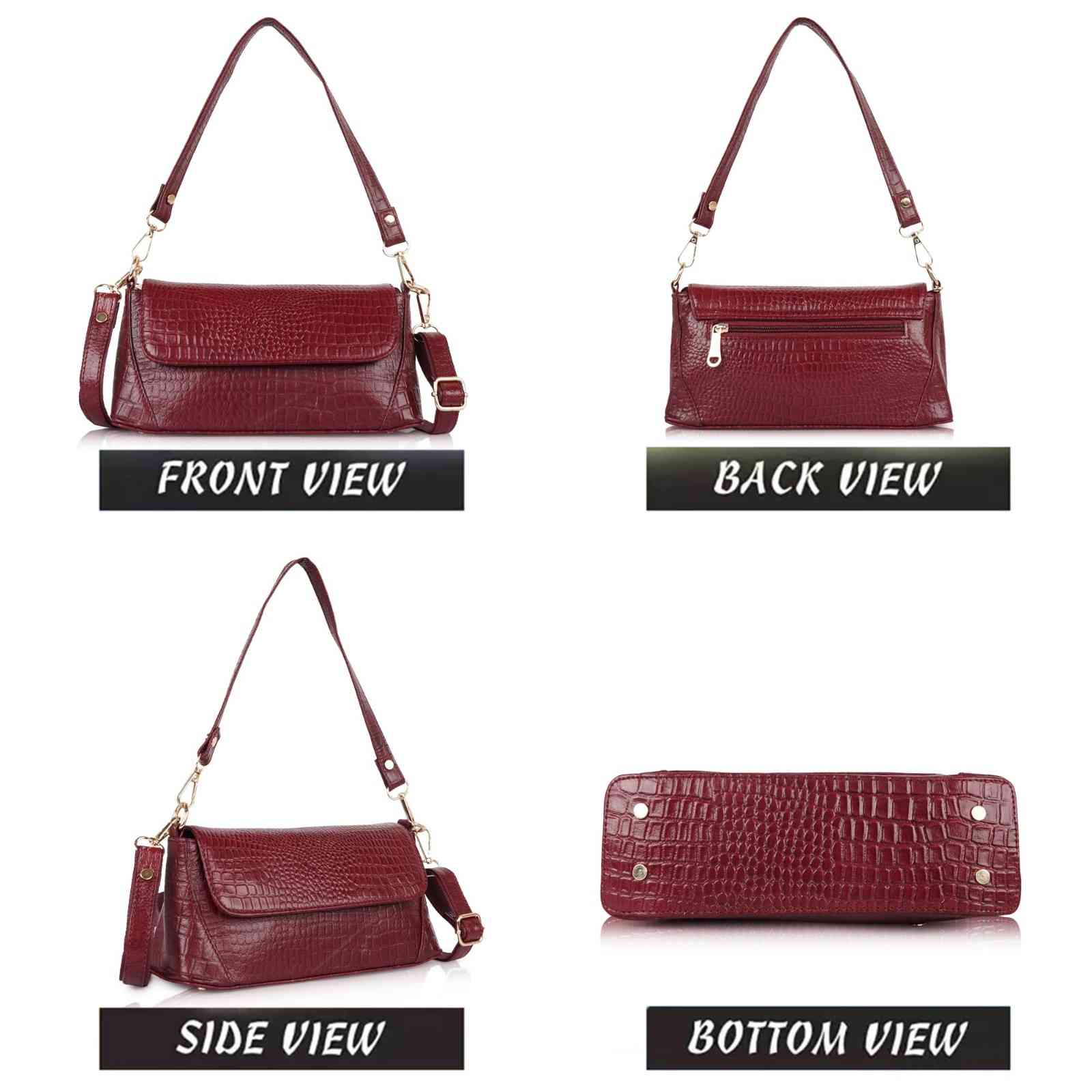 Croc-Embossed Flapover Shoulder Bag — Women's Mini Crossbody with Detachable Strap & Back Zip Pocket