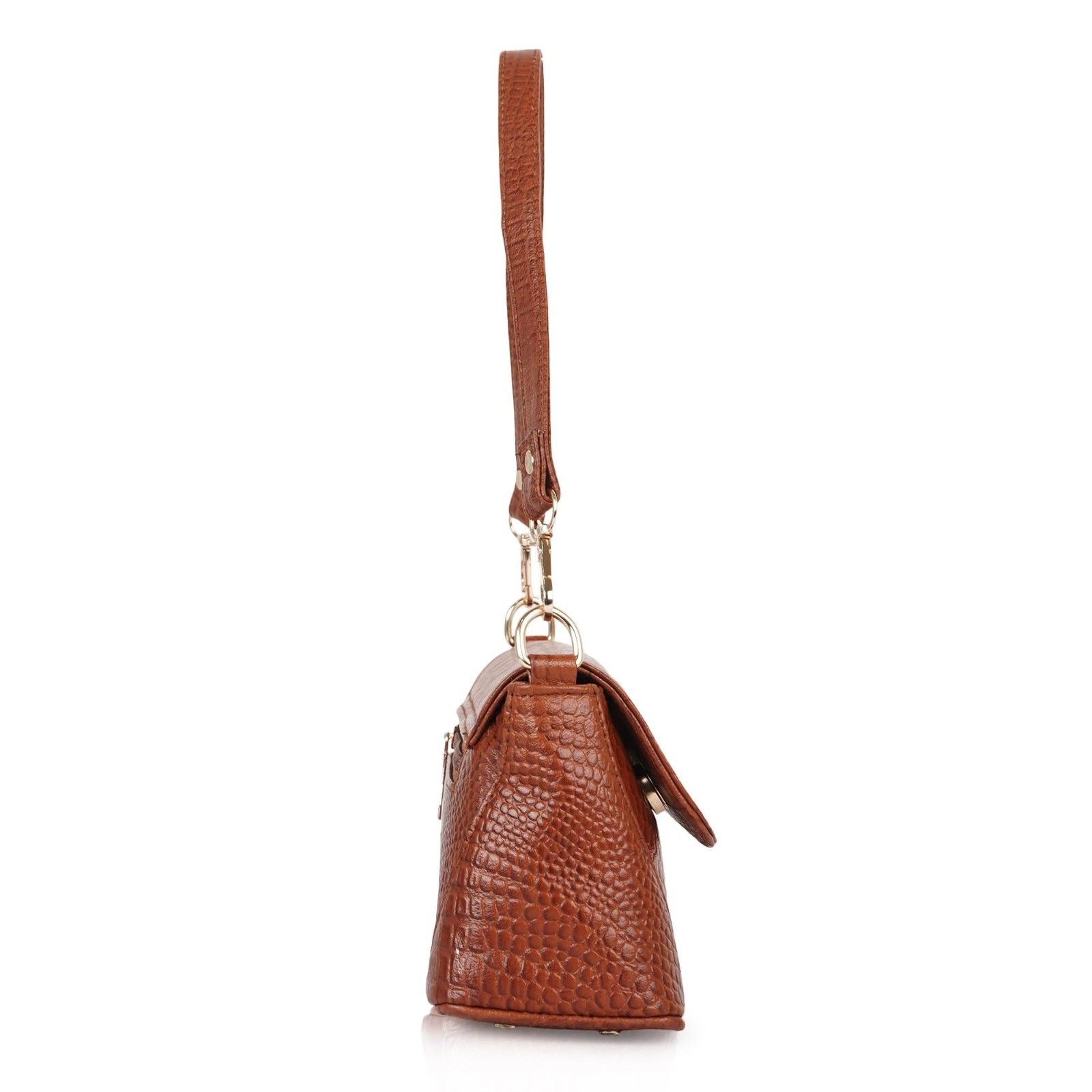 Croc-Embossed Flapover Shoulder Bag — Women's Mini Crossbody with Detachable Strap & Back Zip Pocket