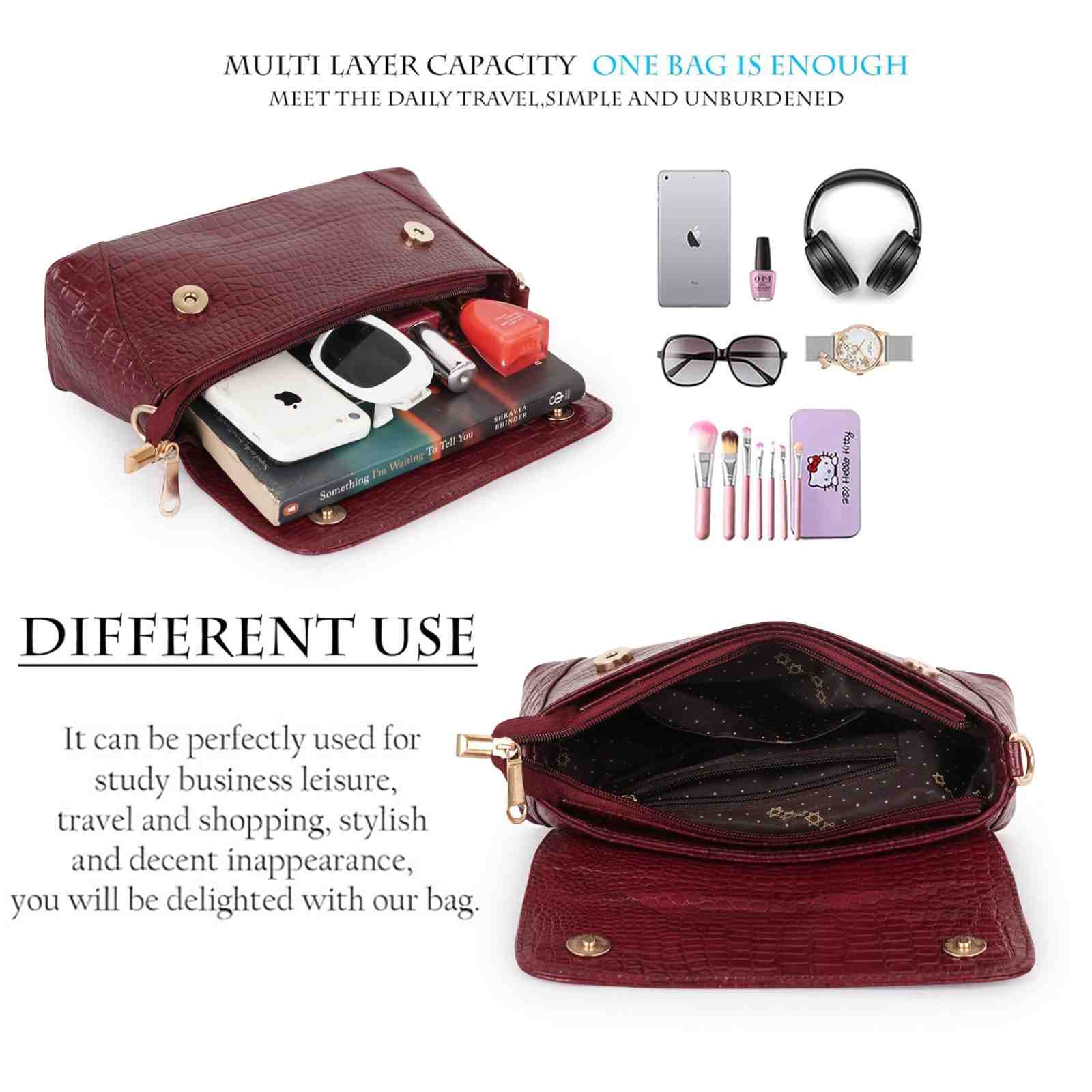 Croc-Embossed Flapover Shoulder Bag — Women's Mini Crossbody with Detachable Strap & Back Zip Pocket