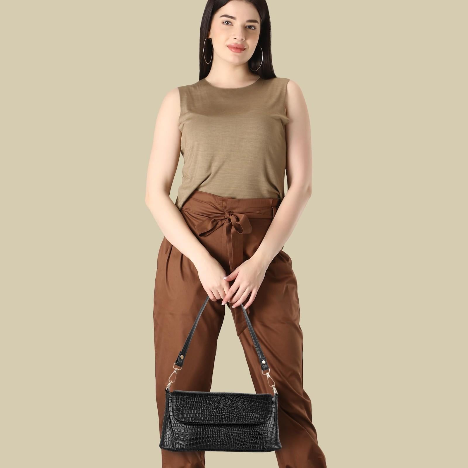 Croc-Embossed Flapover Shoulder Bag — Women's Mini Crossbody with Detachable Strap & Back Zip Pocket