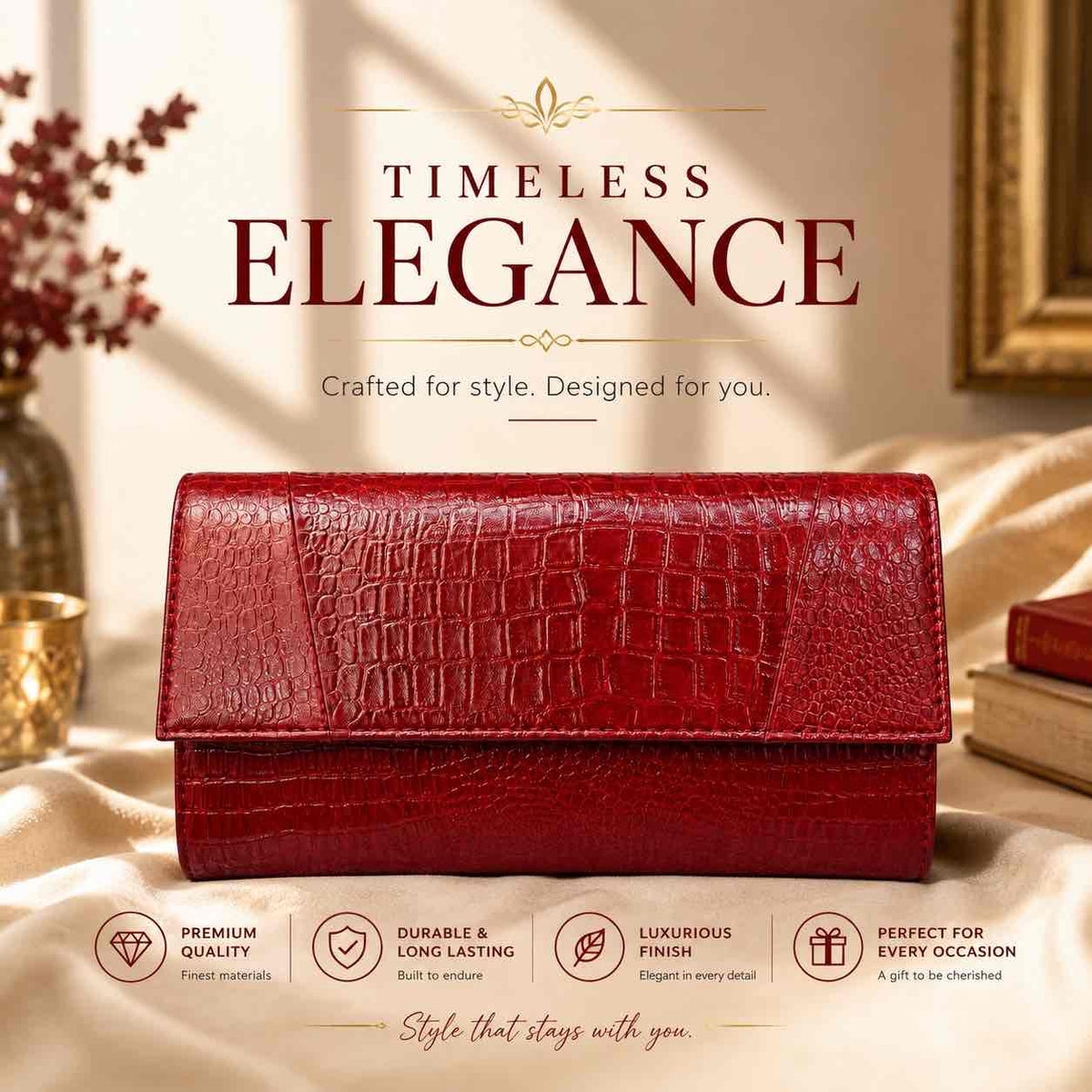 ALW Croco Textured Leather Clutch with Removable Strap