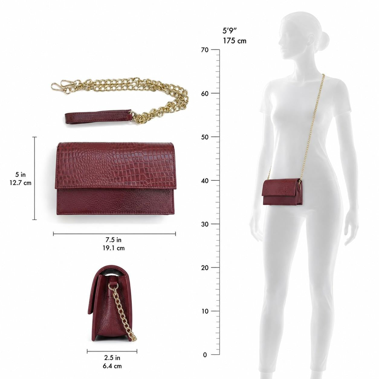 ALW Croc-Embossed Leather Clutch Bag — 3-in-1 Wristlet, Crossbody & Clutch with Gold Chain
