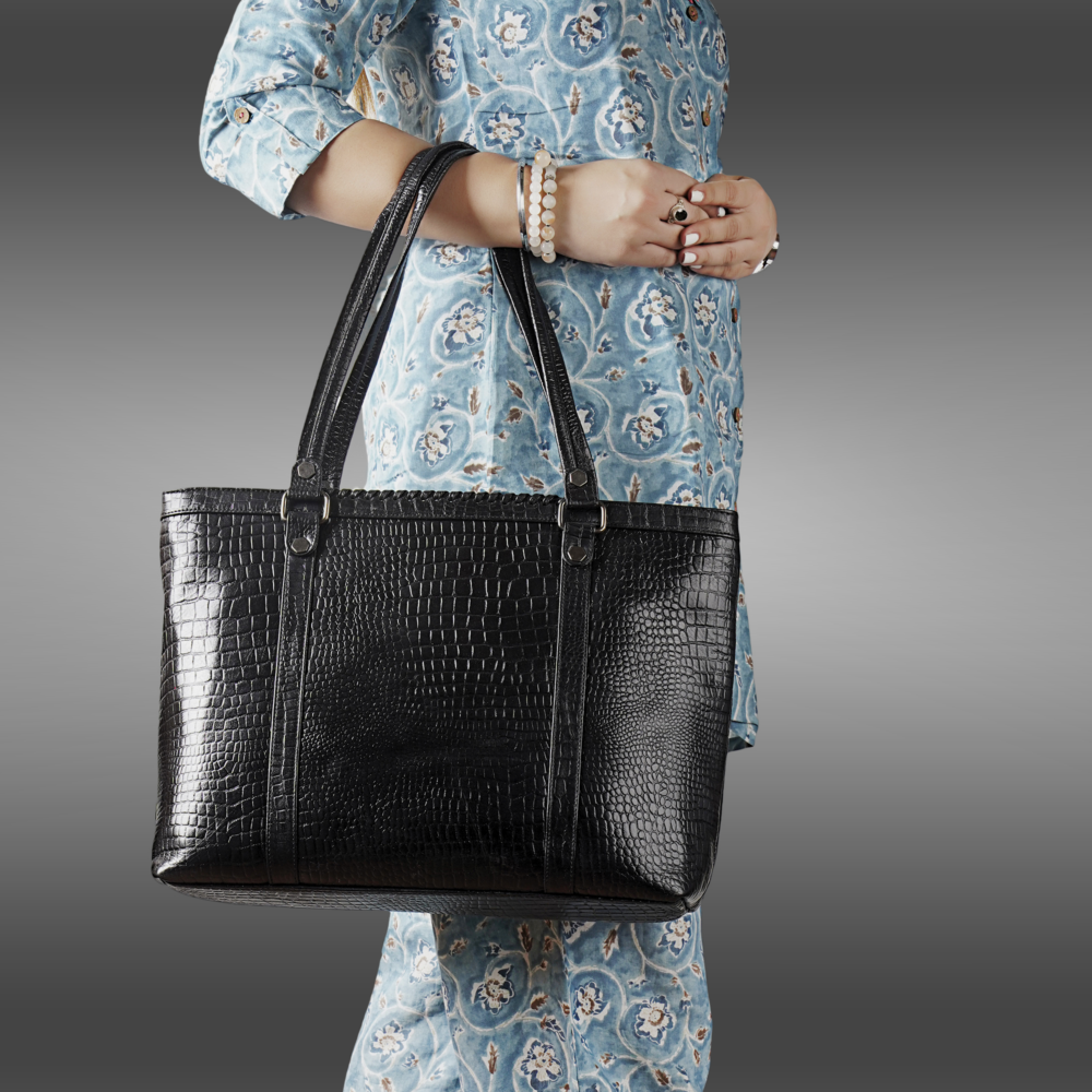 Ladies Leather Handbag With Croco Print