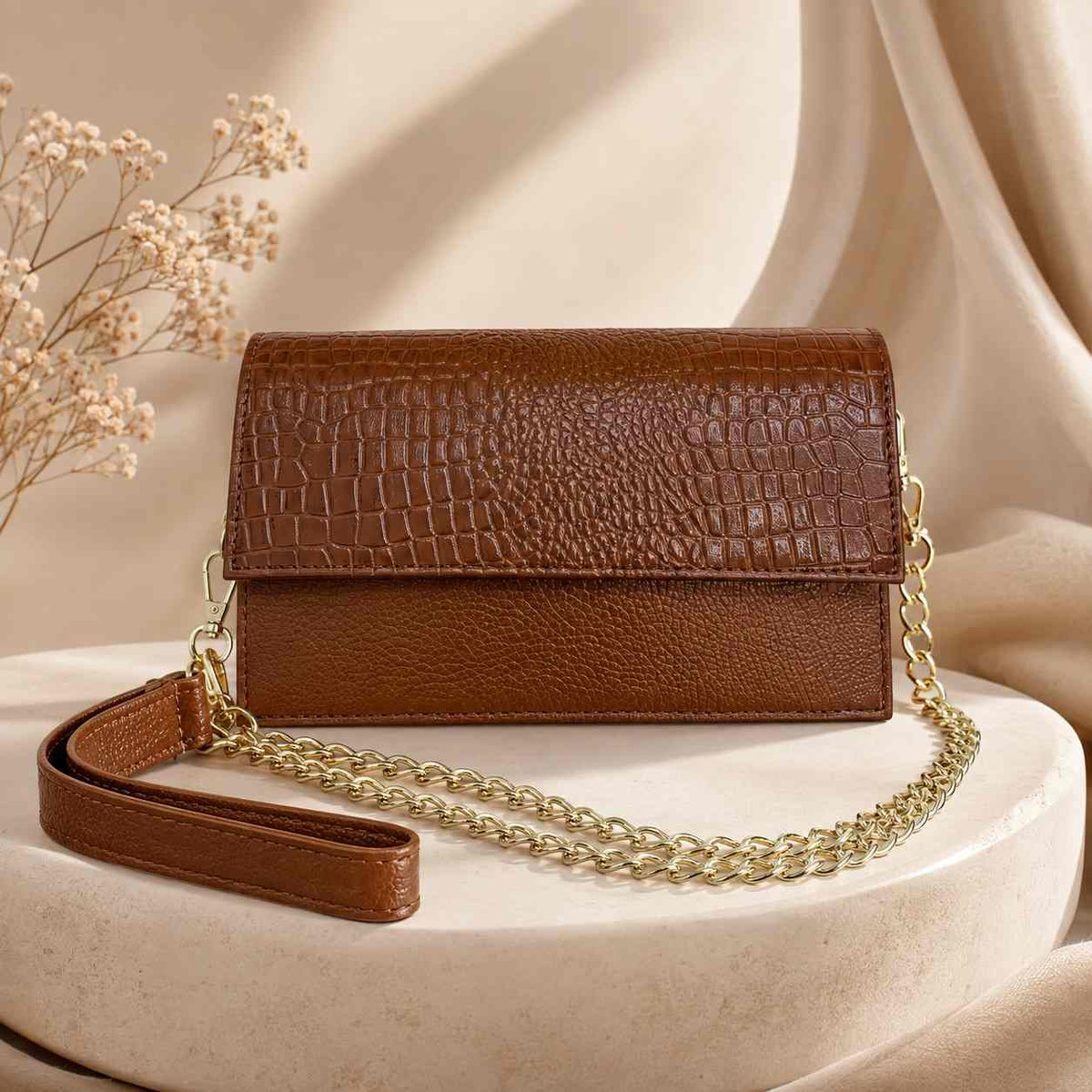 ALW Croc-Embossed Leather Clutch Bag — 3-in-1 Wristlet, Crossbody & Clutch with Gold Chain