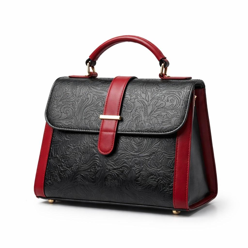 Leather Handbag With Flower Leather Print