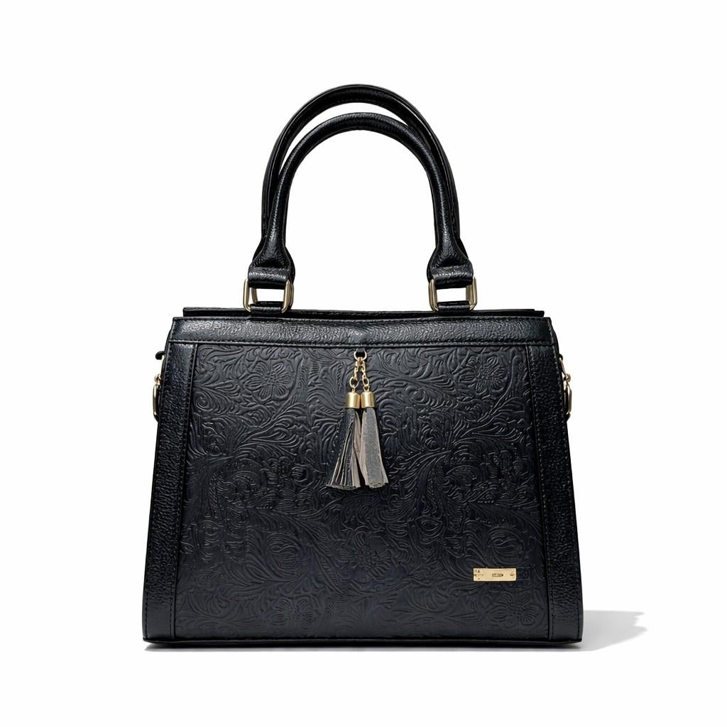 Luxury Textured Leather Handbag with Tassel & Gold Hardware