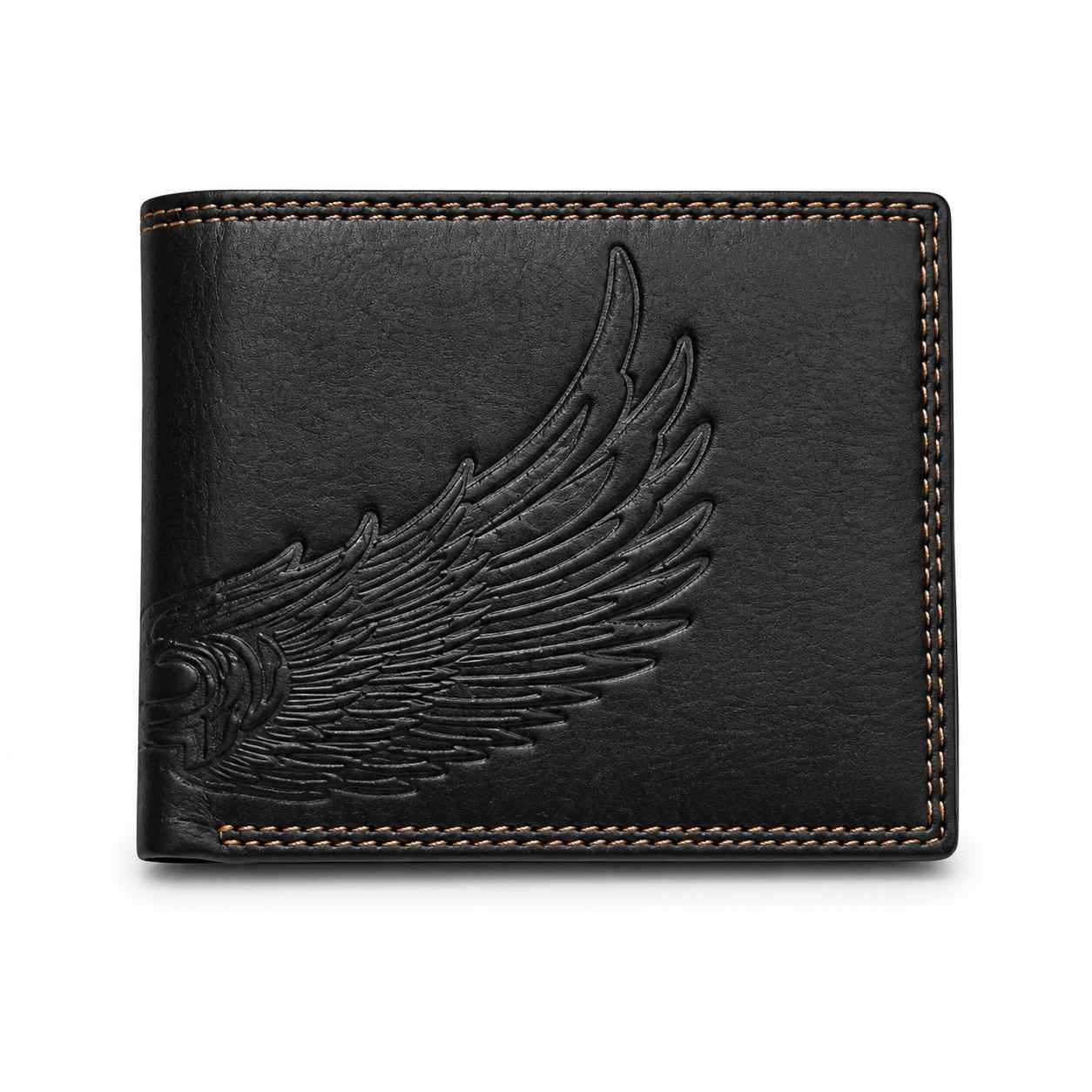 Premium Genuine Leather RFID-Protected Bifold Wallet with Double Stitching - Black with Wing Embossing