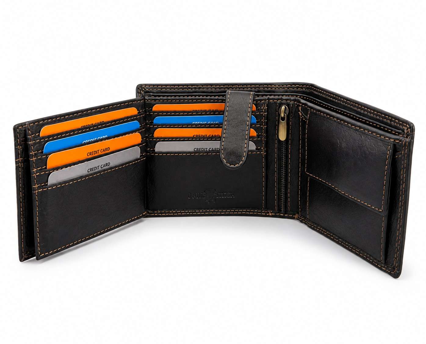 Premium Genuine Leather RFID-Protected Bifold Wallet with Double Stitching - Black with Wing Embossing