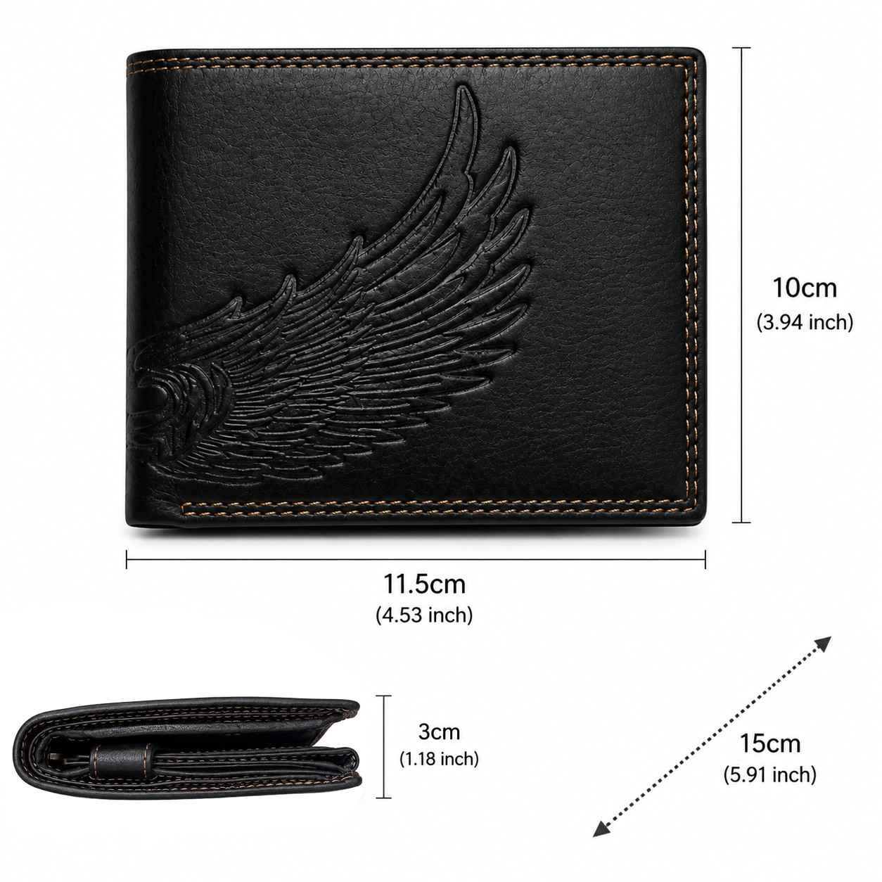 Premium Genuine Leather RFID-Protected Bifold Wallet with Double Stitching - Black with Wing Embossing