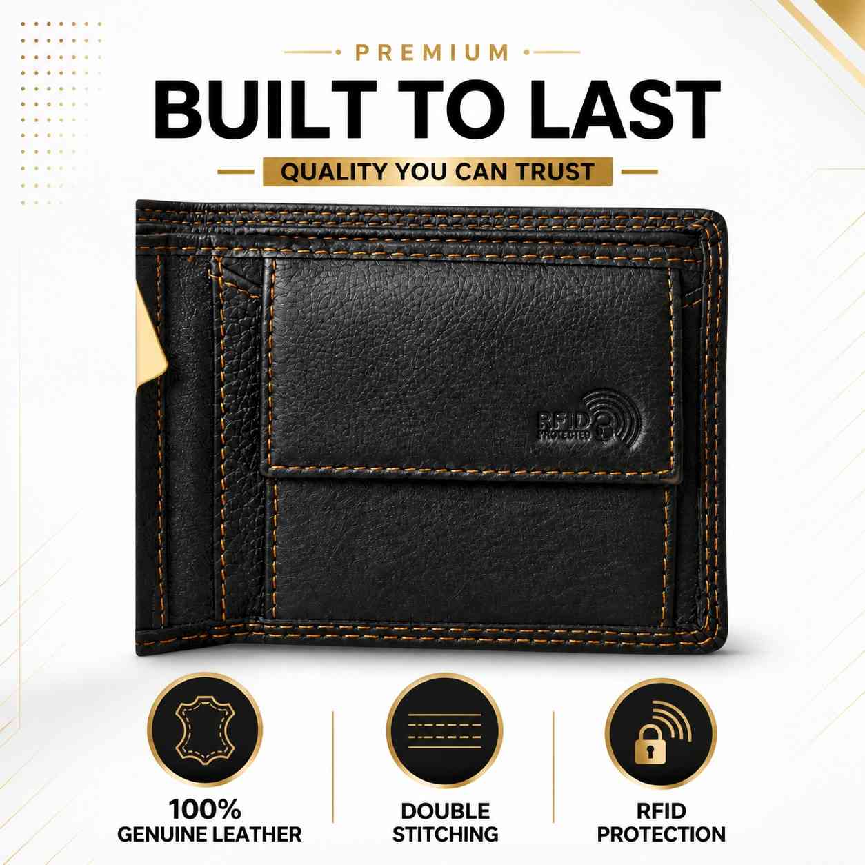 Premium Genuine Leather RFID-Protected Bifold Wallet with Double Stitching - Black with Wing Embossing