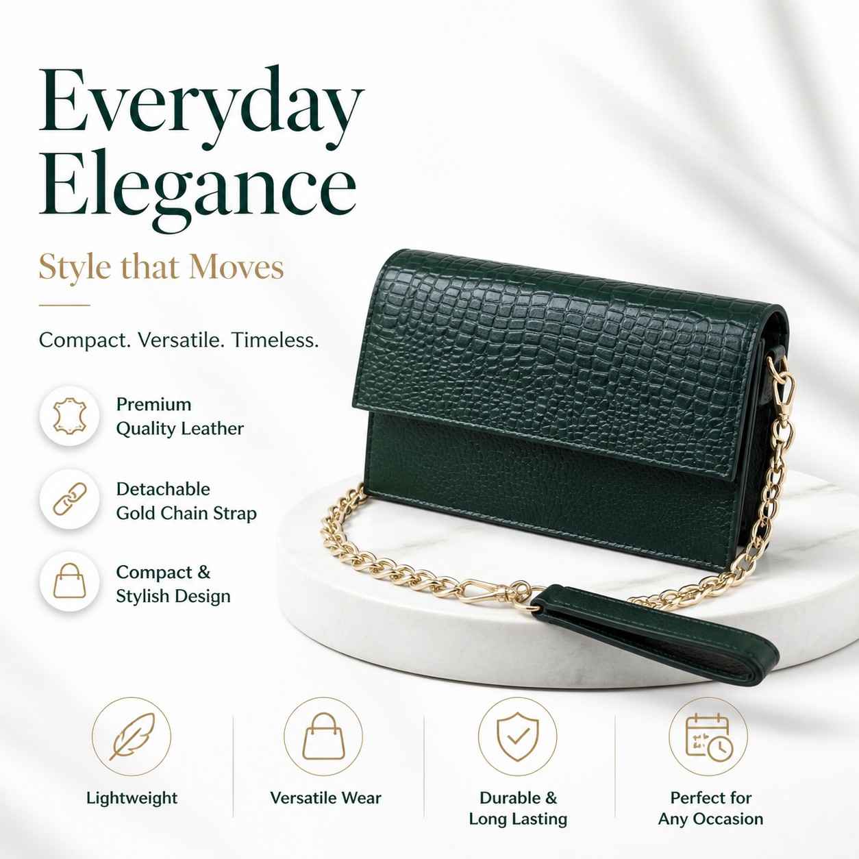 ALW Croc-Embossed Leather Clutch Bag — 3-in-1 Wristlet, Crossbody & Clutch with Gold Chain
