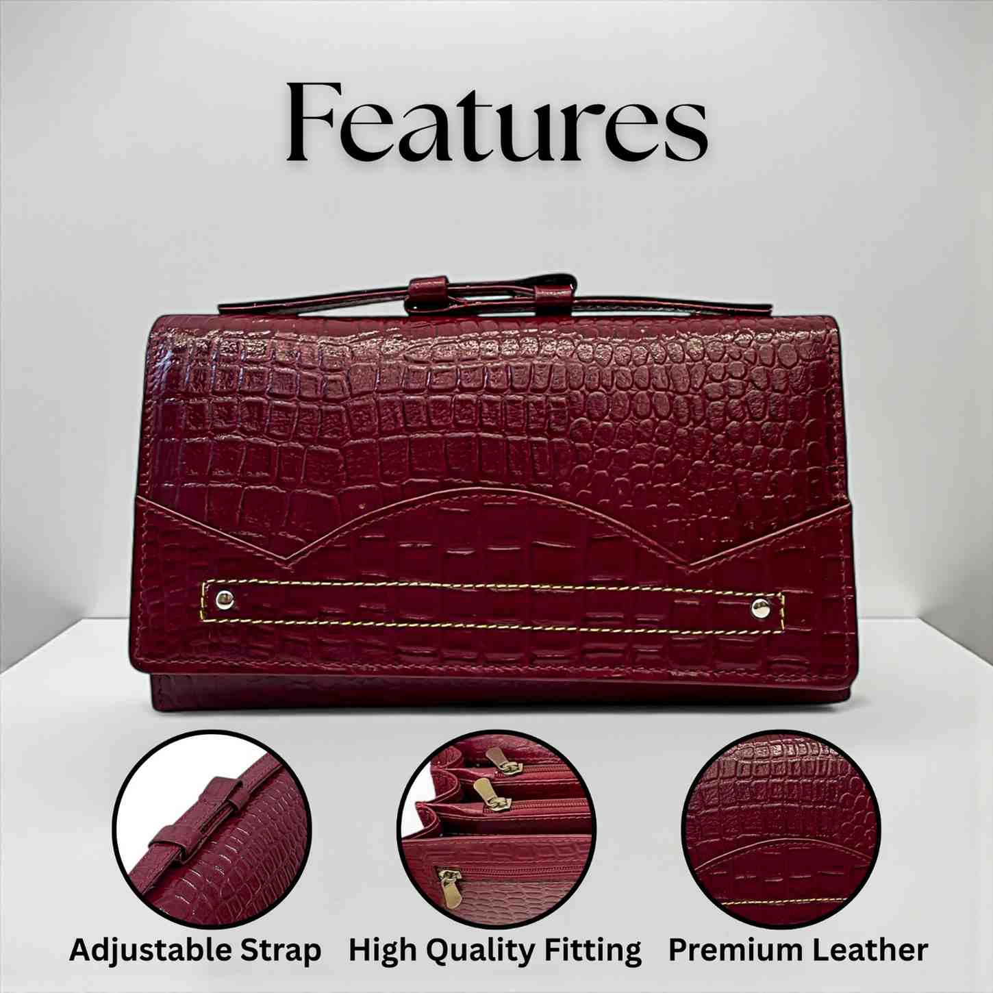 ALW Croco-Embossed Genuine Leather Clutch Wallet — Women's Long Purse with Adjustable Strap